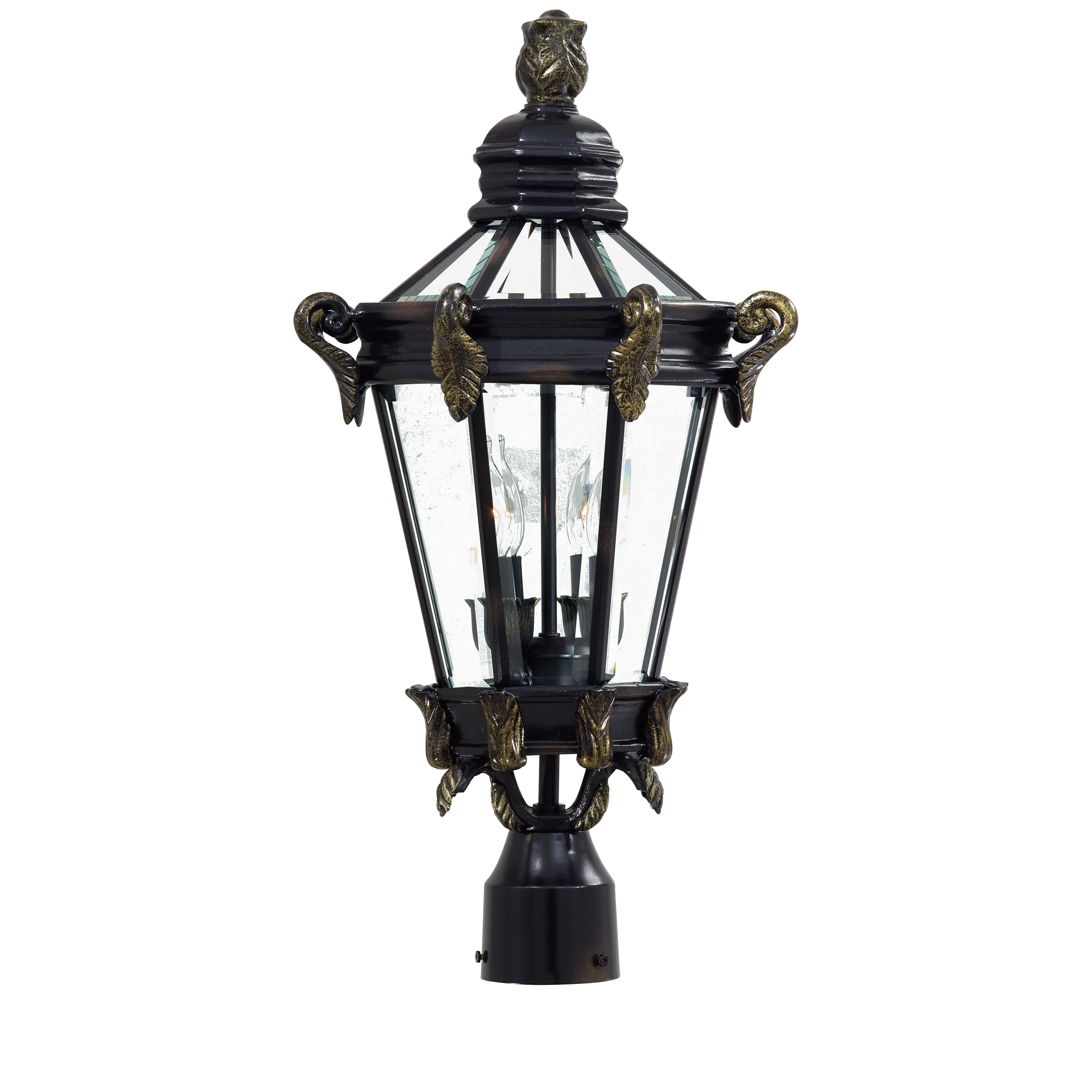 2 Light Post Mount in Heritage™ with Gold Highlights Finish with Clear Beveled Glass