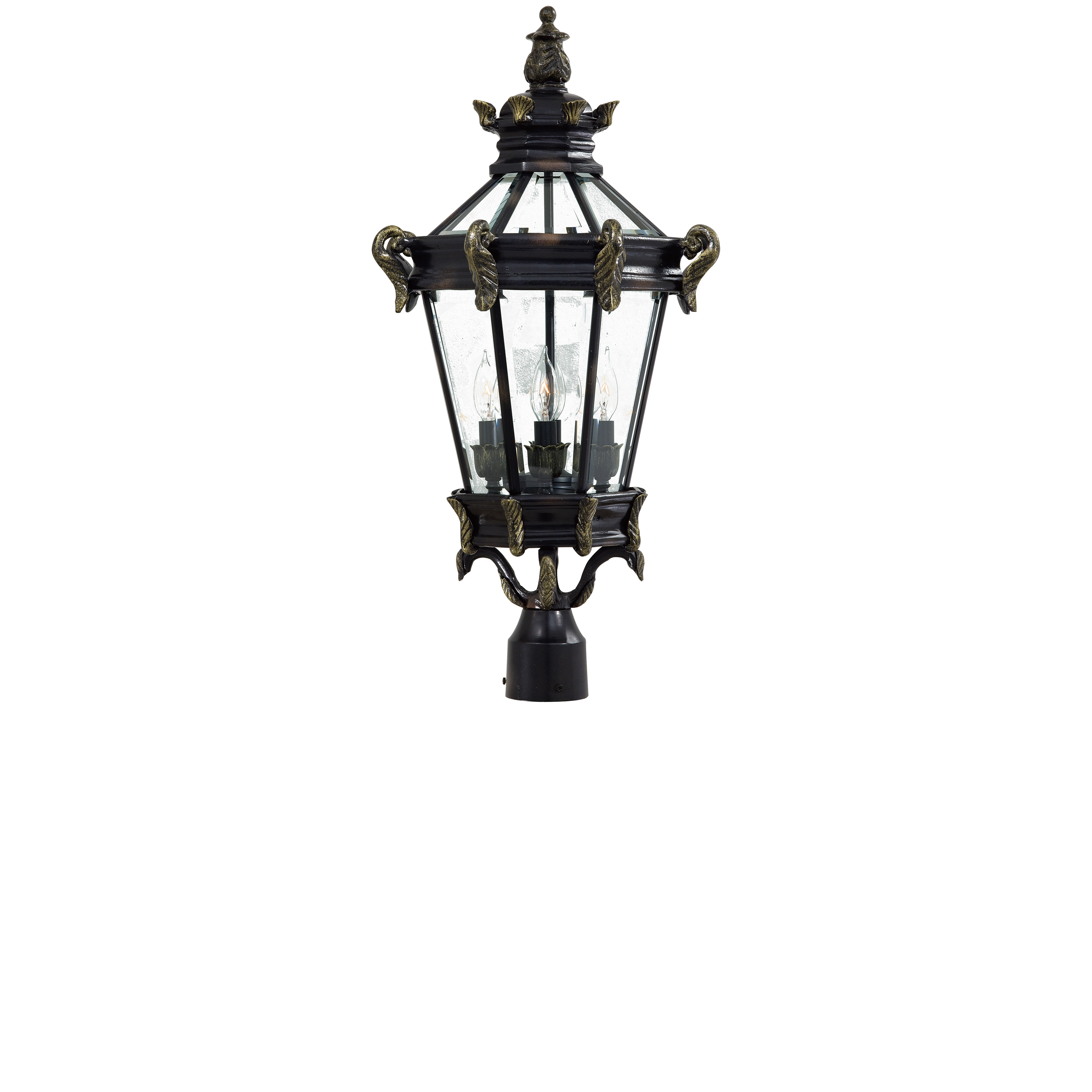 4 Light Post Mount in Heritage™ with Gold Highlights Finish with Clear Beveled Glass