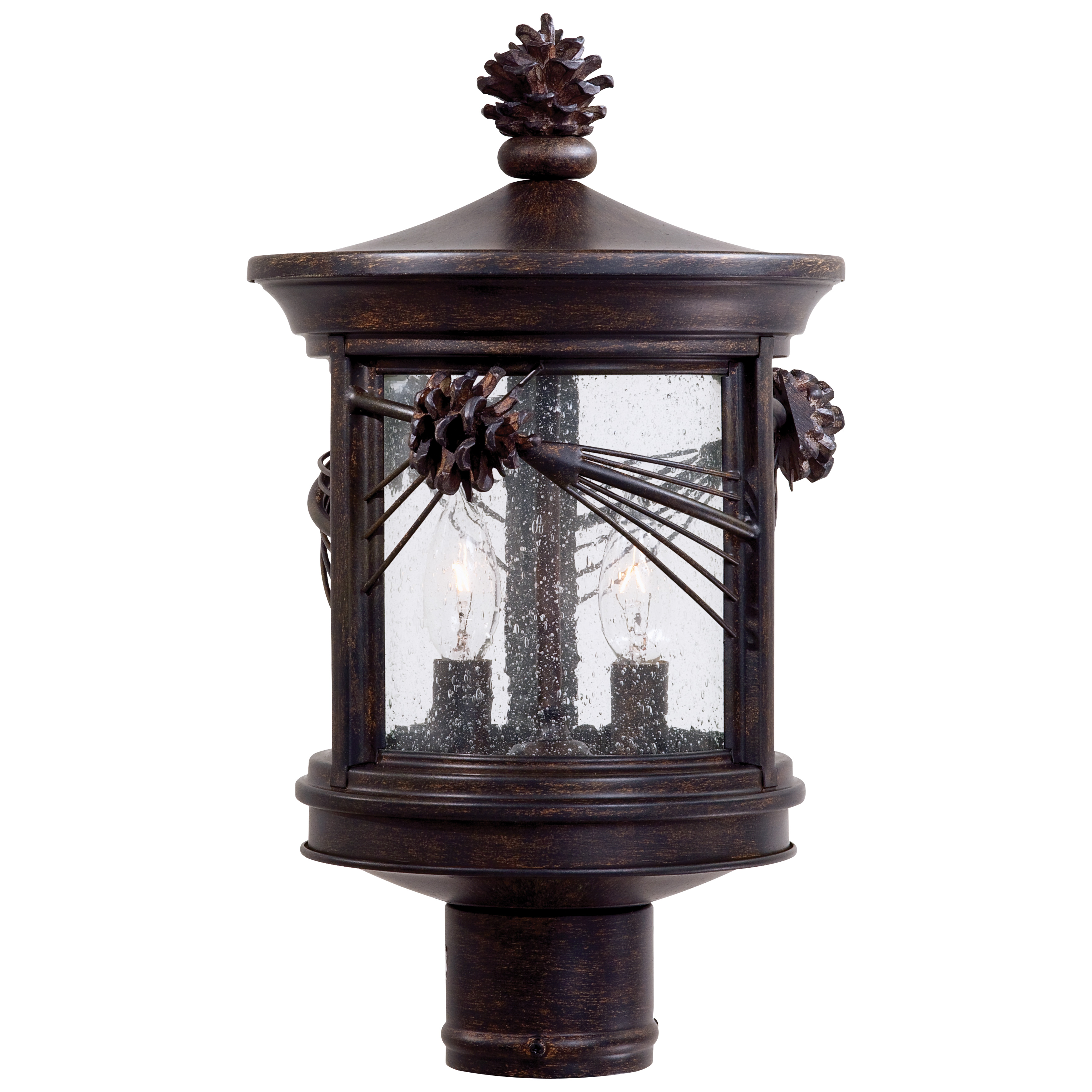 2 Light Post Mount in Iron Oxide Finish with  Mouth Blown Clear Seeded Glass