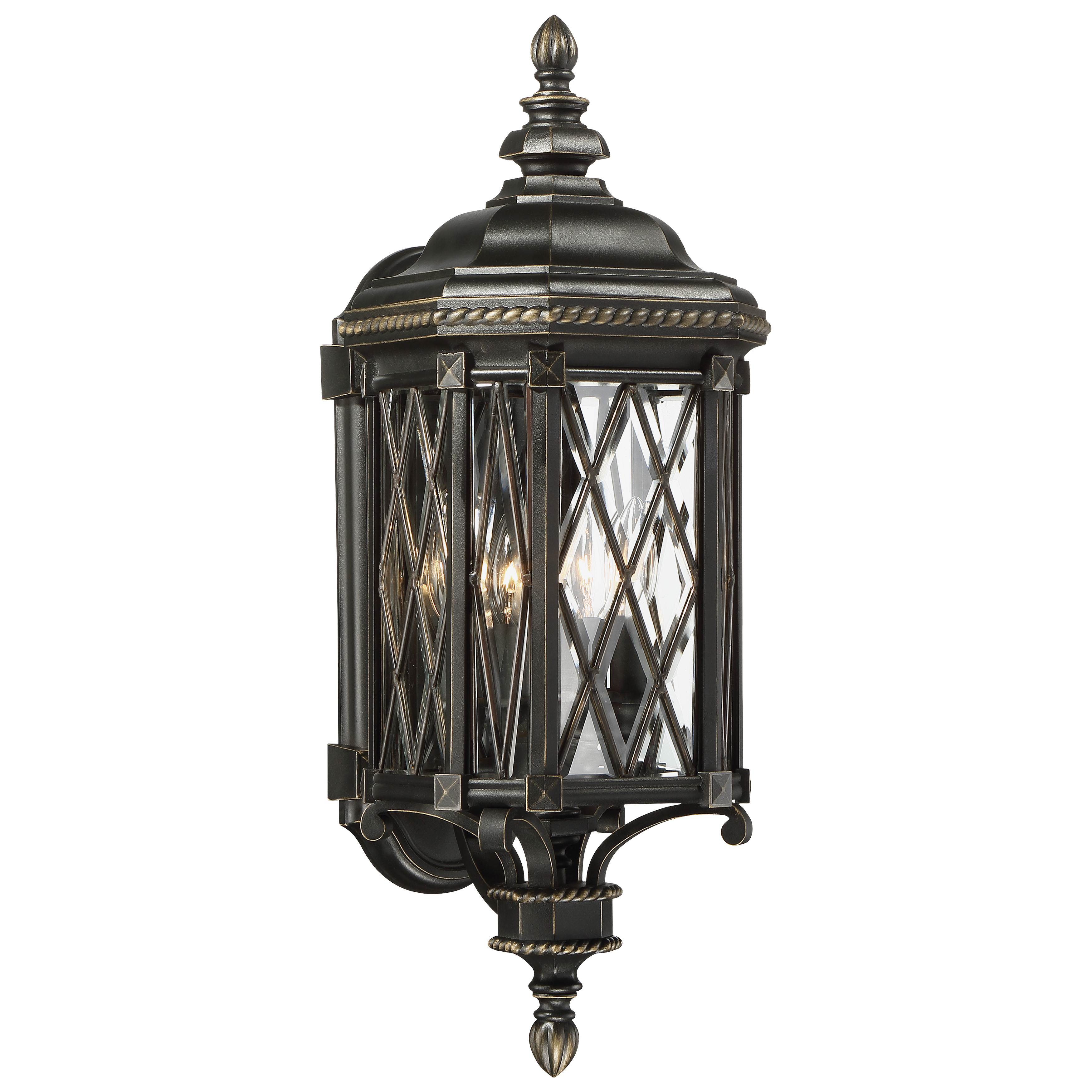 4 Light Outdoor Wall Mount in Black with Gold Highlights and Clear Beveled Glass