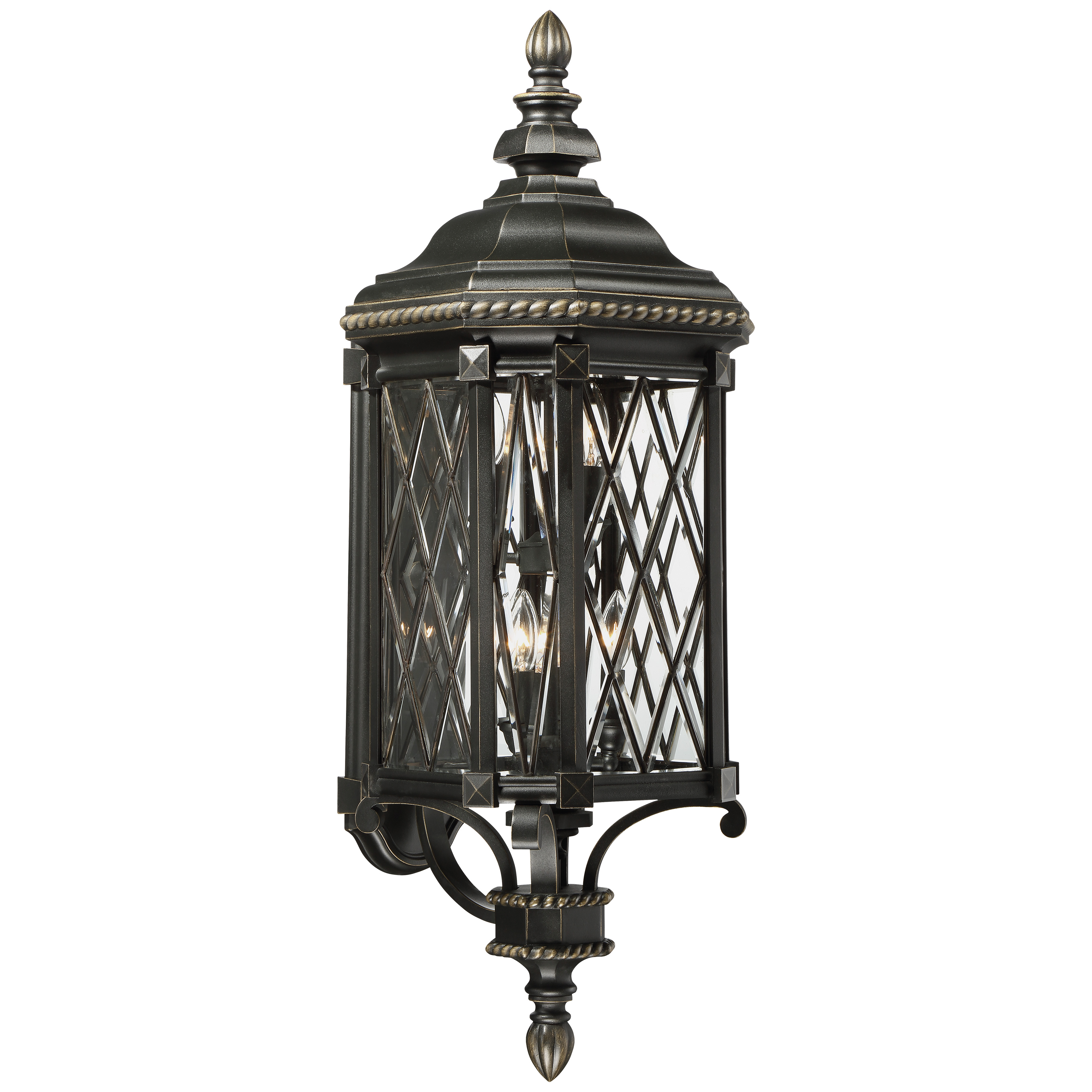 6 Light Outdoor Wall Mount in Black With Gold Highlights and Clear Beveled Glass