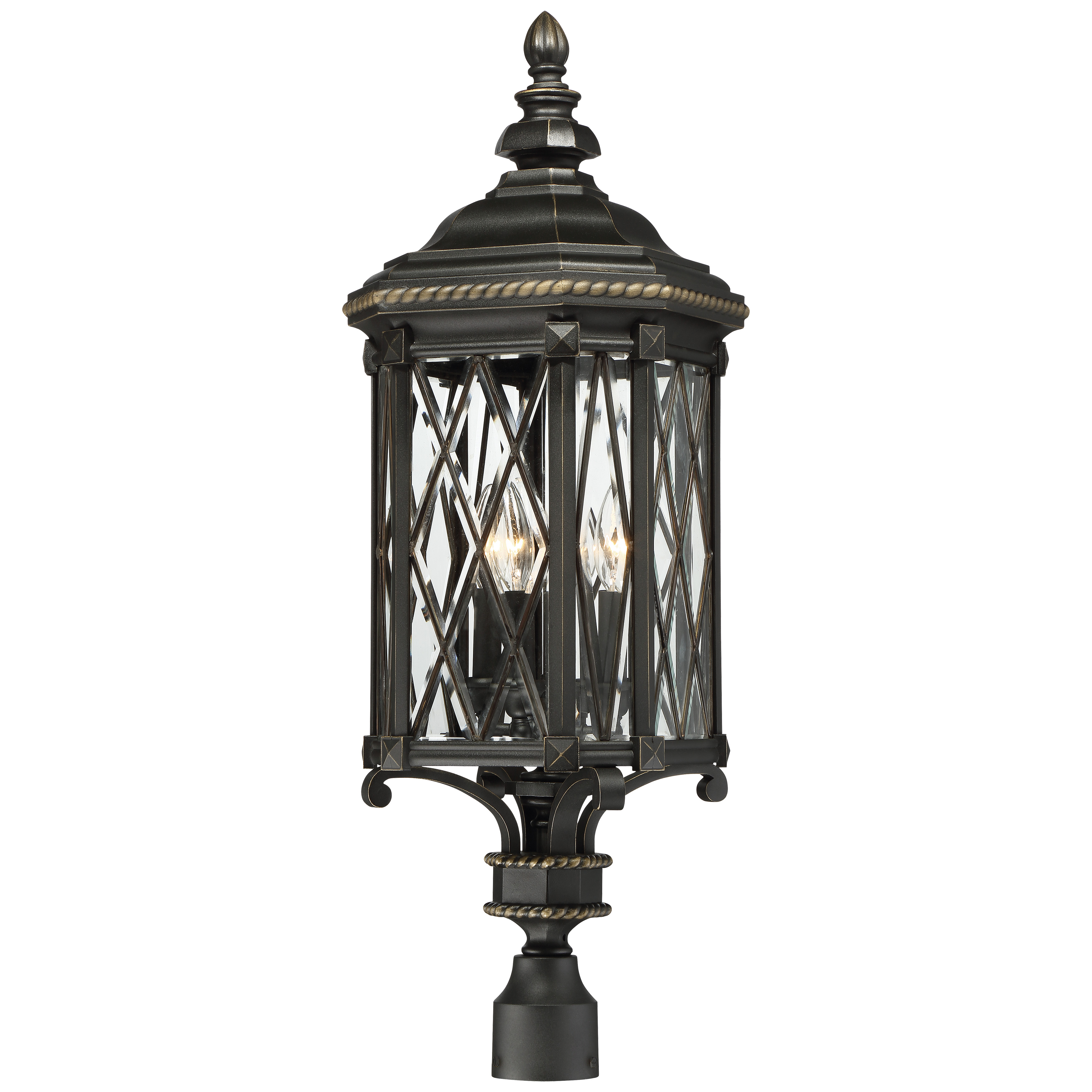 4 Light Outdoor Post Mount in Black with Gold Highlights and Clear Beveled Glass