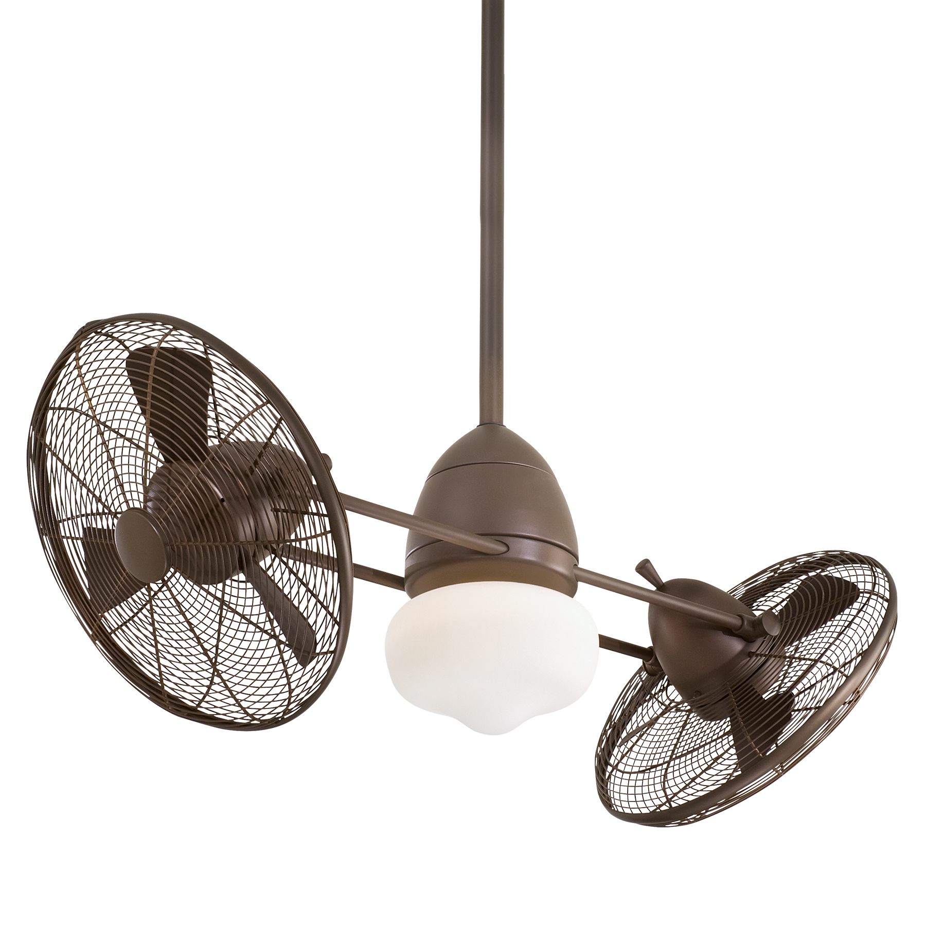 The Gyro 42" ceiling fan combines a space-saving twin turbofan design with wet location rating, making it ideal for covered outdoor spaces and smaller indoor rooms. Features integrated LED schoolhouse globe light and durable steel construction.