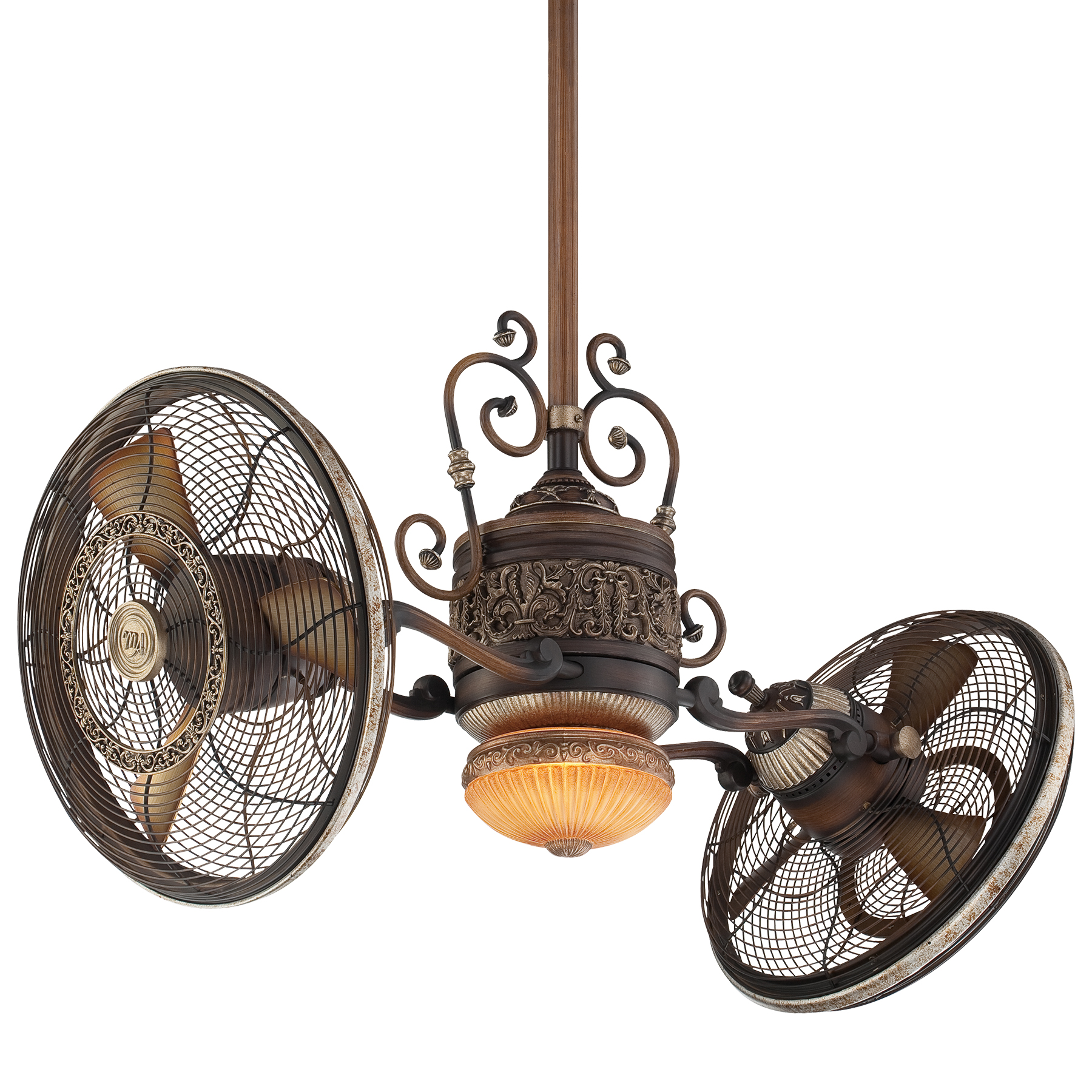 The Traditional Gyro combines timeless styling with modern efficiency in a 42-inch ceiling fan. Features twin turbofan blades with 20-degree pitch, integrated LED lighting, and rich Belcaro Walnut finish for medium-sized rooms.