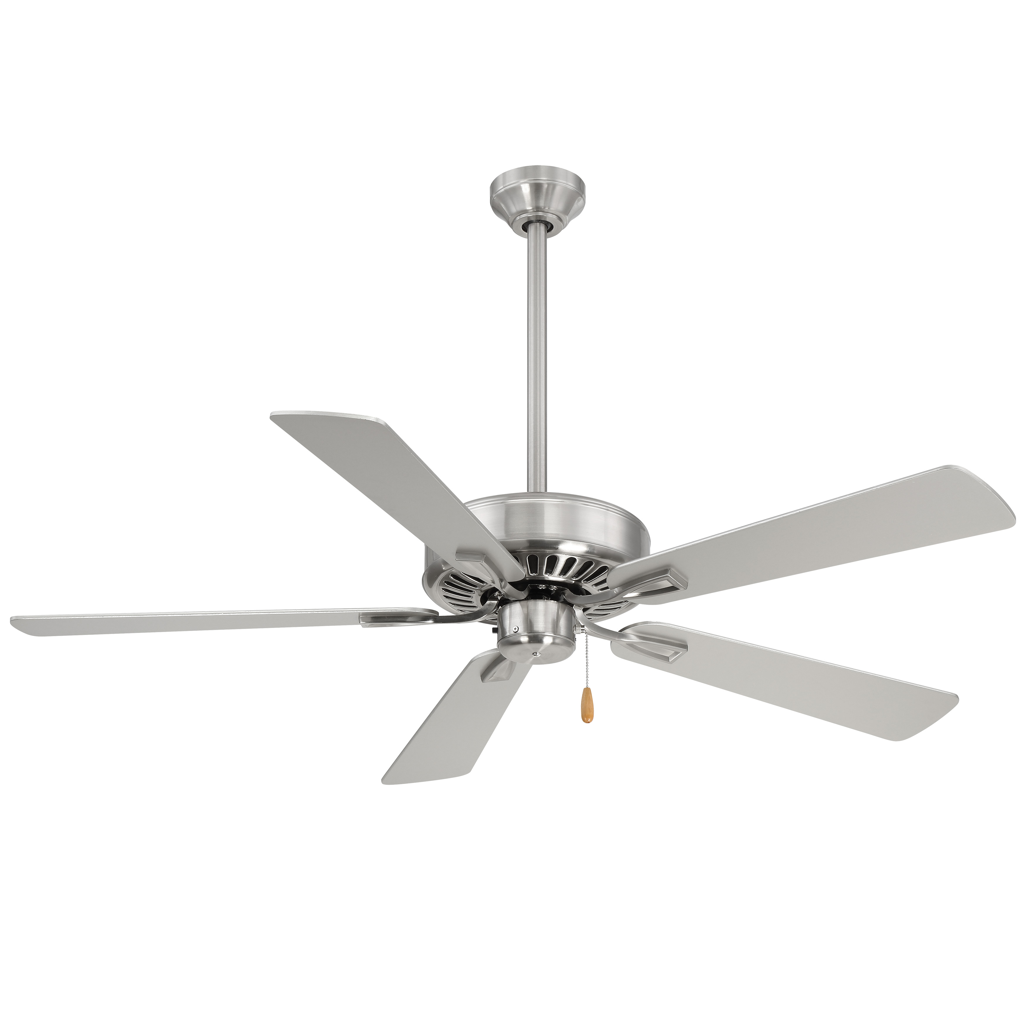 The Contractor Plus delivers dependable performance in a versatile 52-inch design. Its brushed nickel finish and silver blades complement a wide range of interiors, making it ideal for bedrooms, living spaces, and offices.