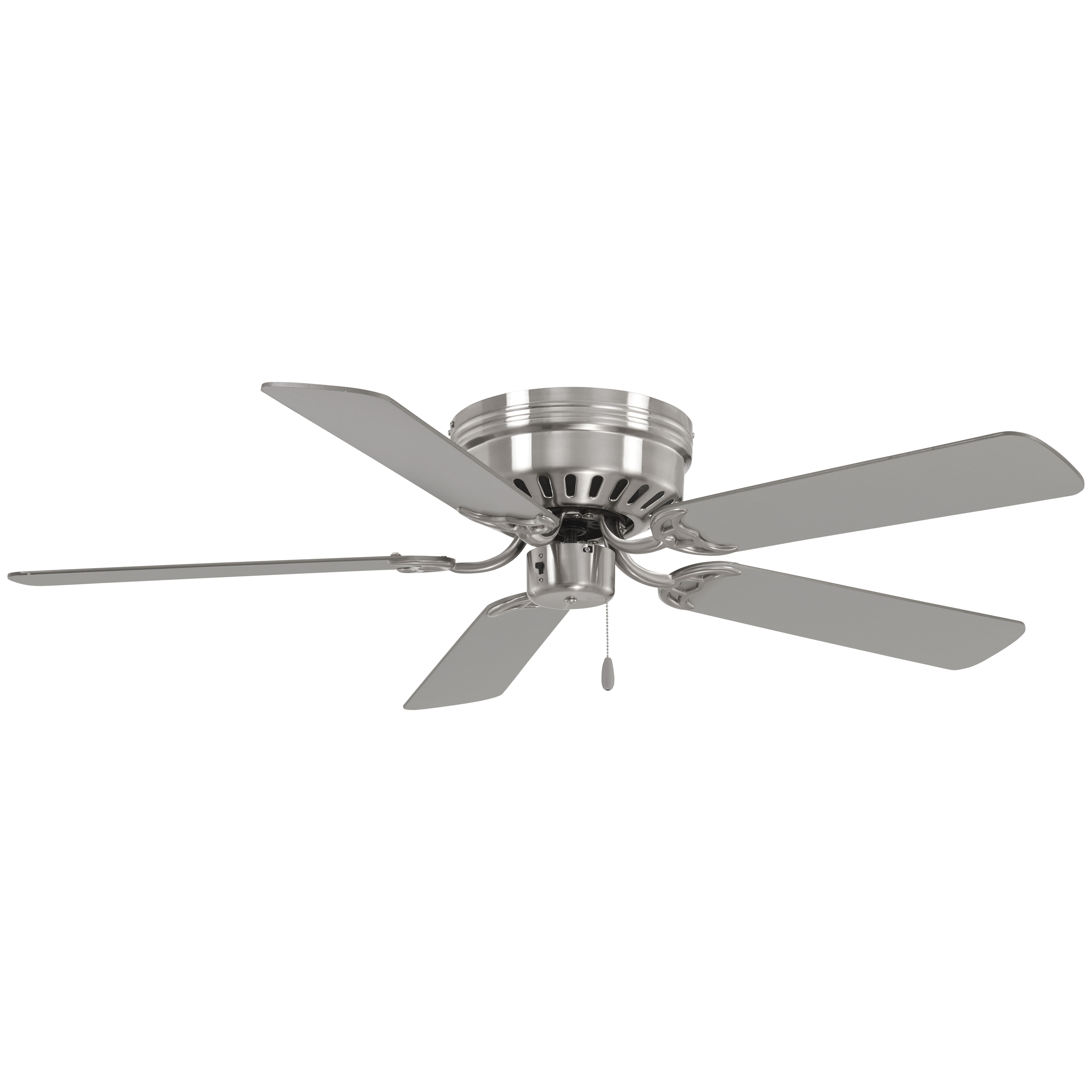 The Mesa 52" flush mount ceiling fan combines practical airflow with a clean, contemporary design. Its brushed nickel finish and silver blades offer versatile style, while the low 8.75" profile makes it ideal for rooms with standard ceiling heights.