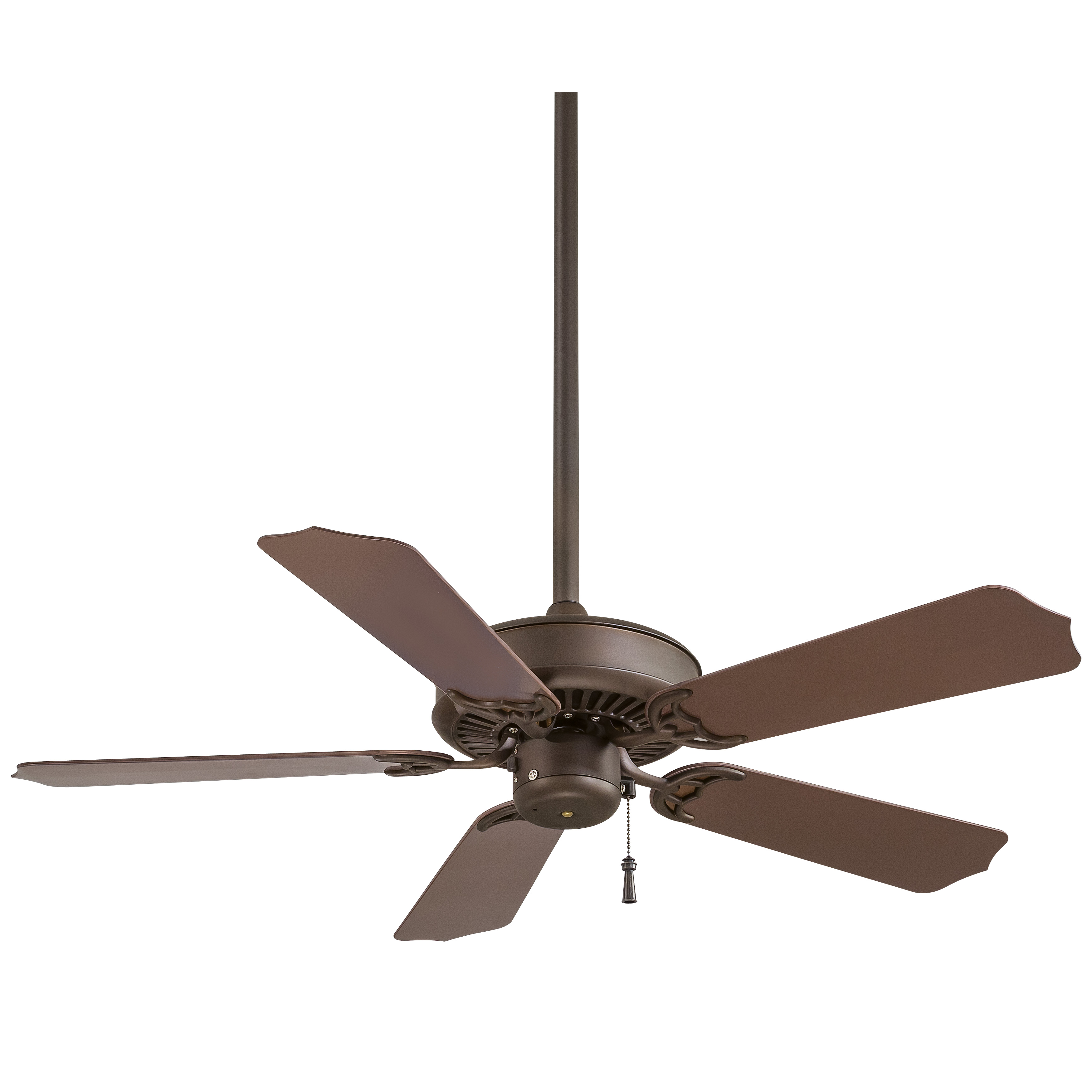 The Sundance 42" ceiling fan combines traditional styling with practical all-weather performance. Its Oil Rubbed Bronze finish and dark oak blades create a warm, versatile look suitable for various interior spaces.