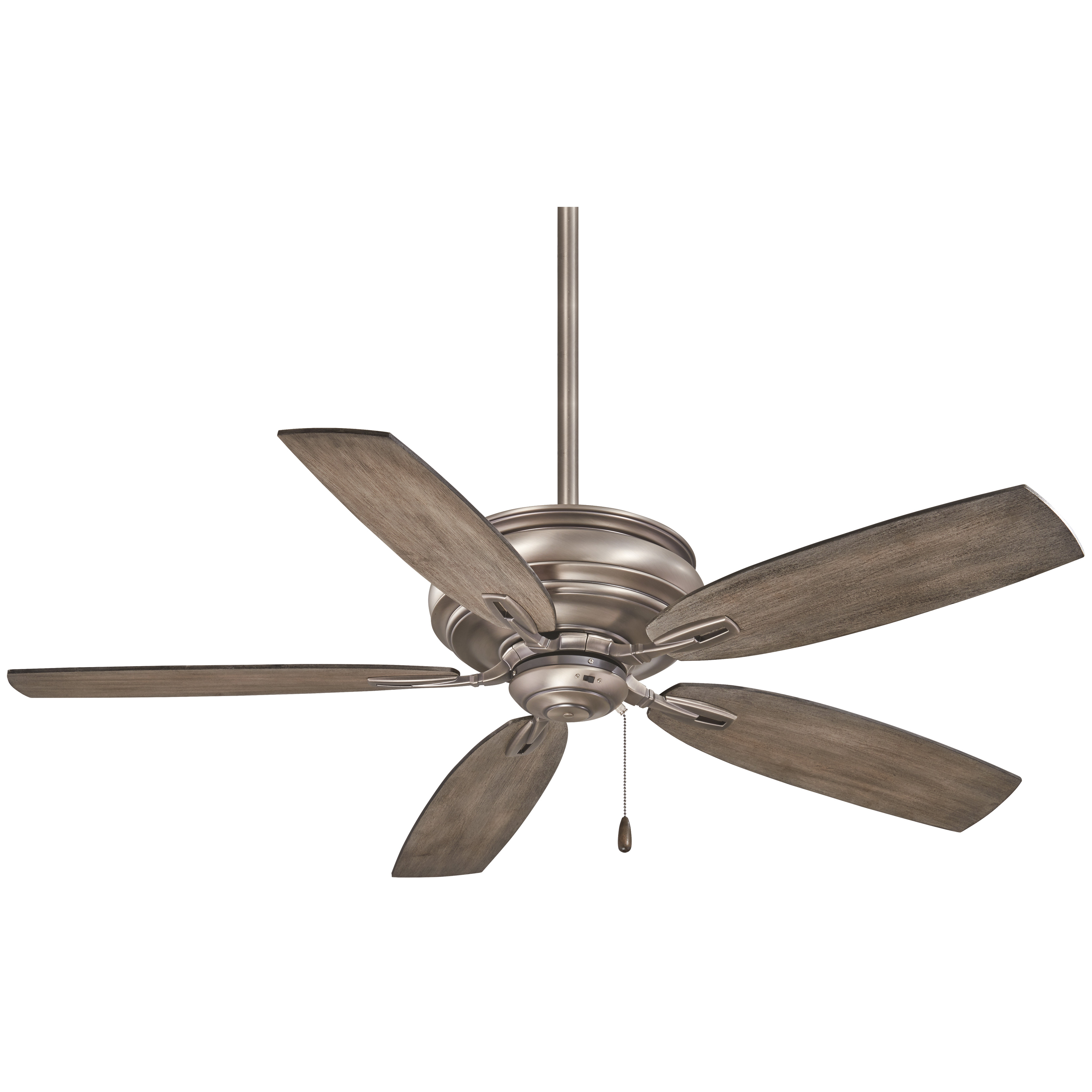 The Timeless ceiling fan combines a sophisticated burnished nickel motor housing with distinctive seashore grey plywood blades. At 54 inches, it's ideal for larger rooms, offering reliable air circulation with a 14-degree blade pitch.