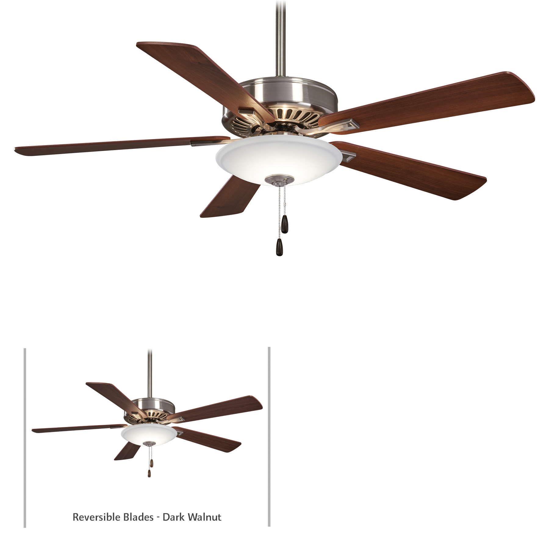 This contractor-grade ceiling fan combines efficient LED lighting with reliable air circulation. Features reversible Medium Maple and Dark Walnut blades for design flexibility and a brushed nickel finish that complements various decor styles.