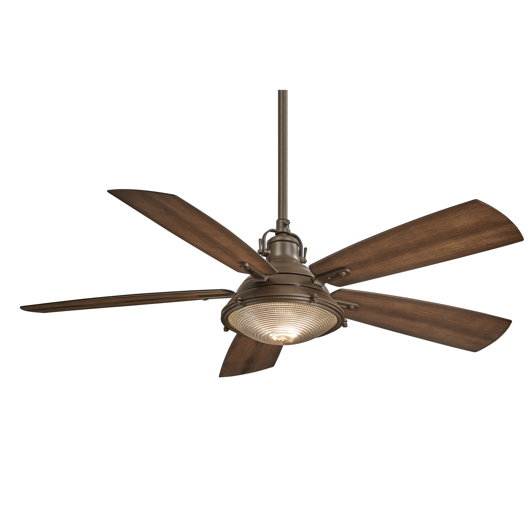 The Groton combines industrial aesthetics with modern LED efficiency in a 56" ceiling fan. Features dark pine blades, oil rubbed bronze finish, and a distinctive clear Fresnel lens that adds vintage character while providing 1688 lumens of dimmable light.