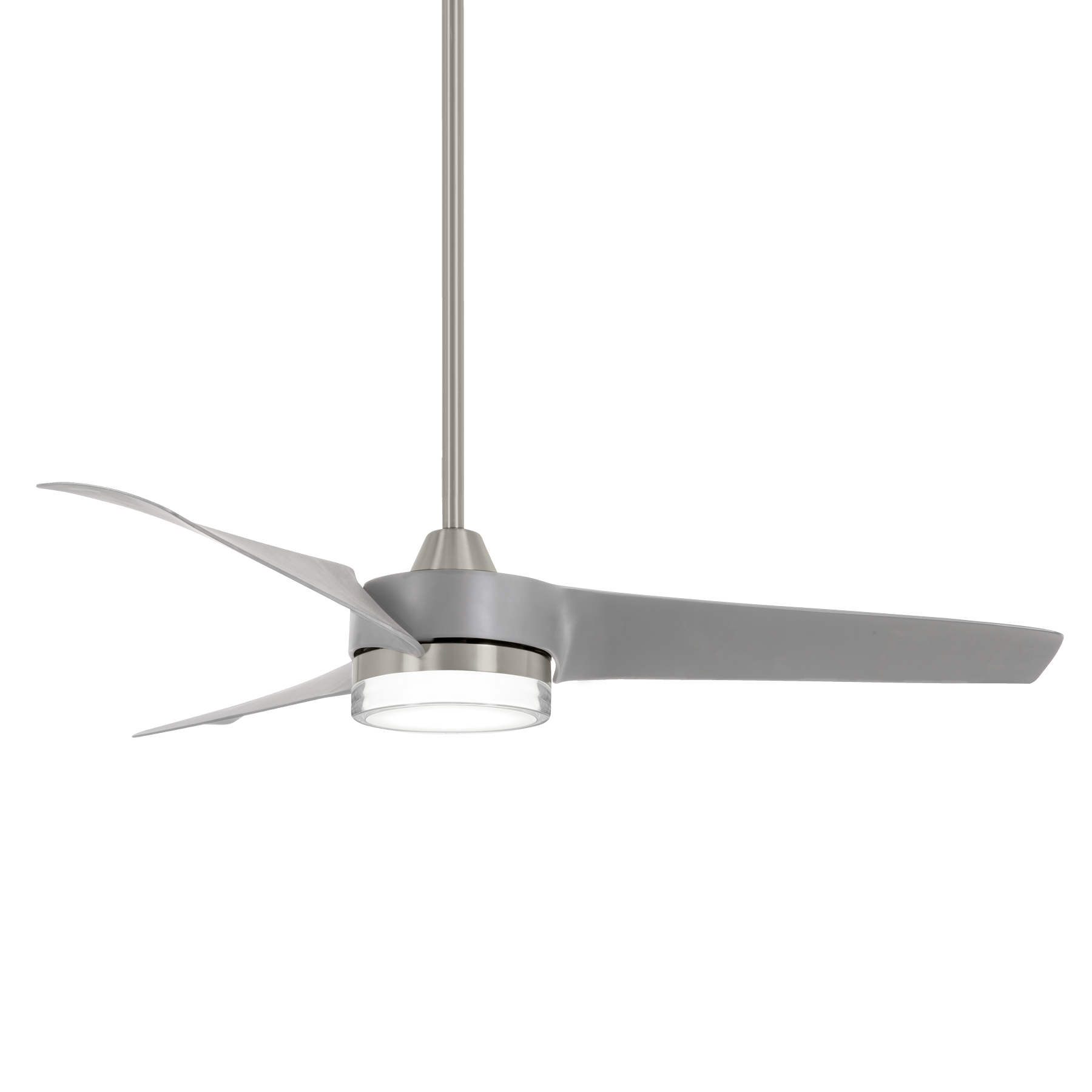 The Veer 56" LED ceiling fan combines contemporary styling with practical functionality. Its brushed nickel finish and silver blades create a sleek look, while the integrated LED provides nearly 2000 lumens of dimmable light.