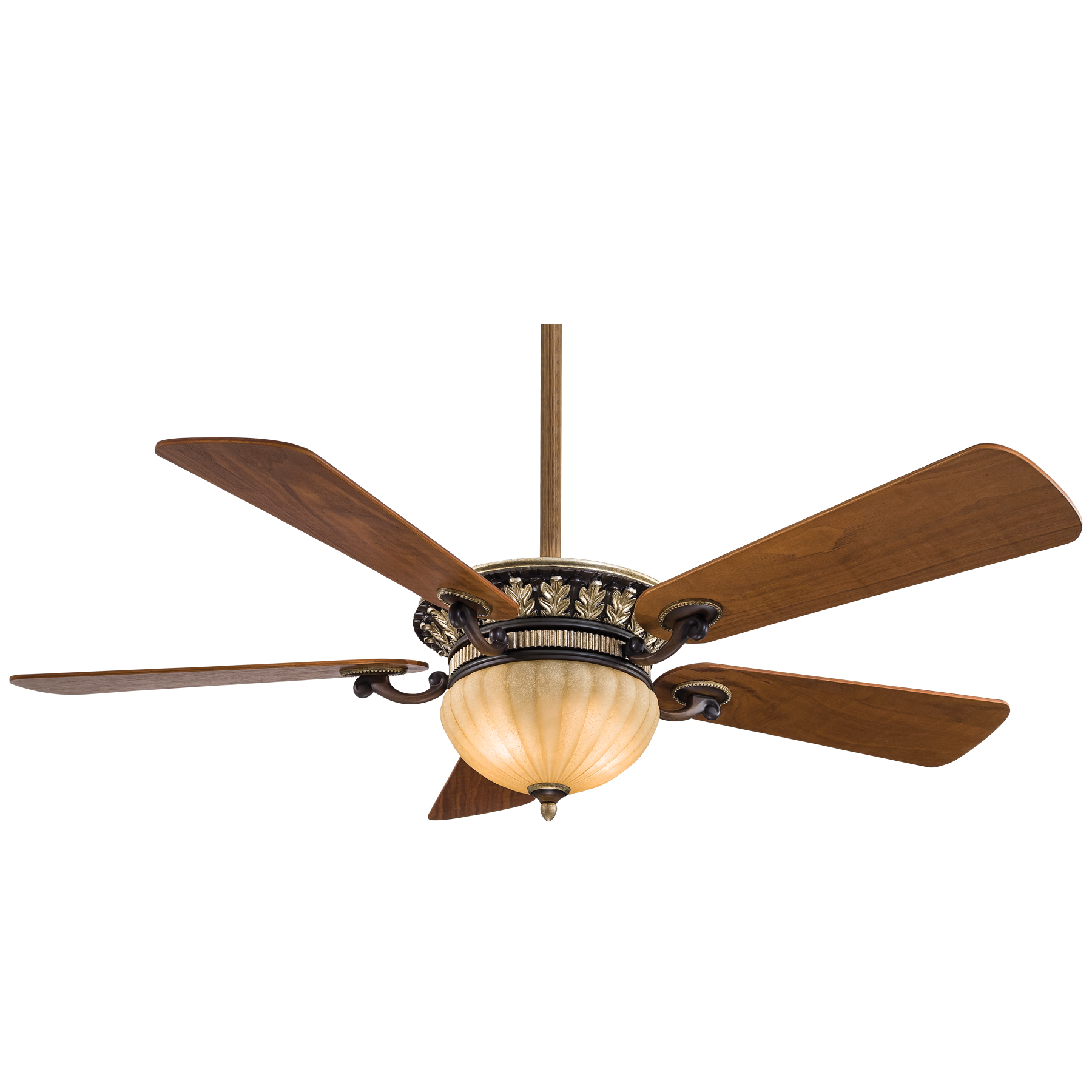 The Volterra combines rich walnut tones with integrated LED lighting for efficient, stylish climate control. Its 52-inch span and dual-direction lighting make it ideal for larger spaces seeking transitional elegance.