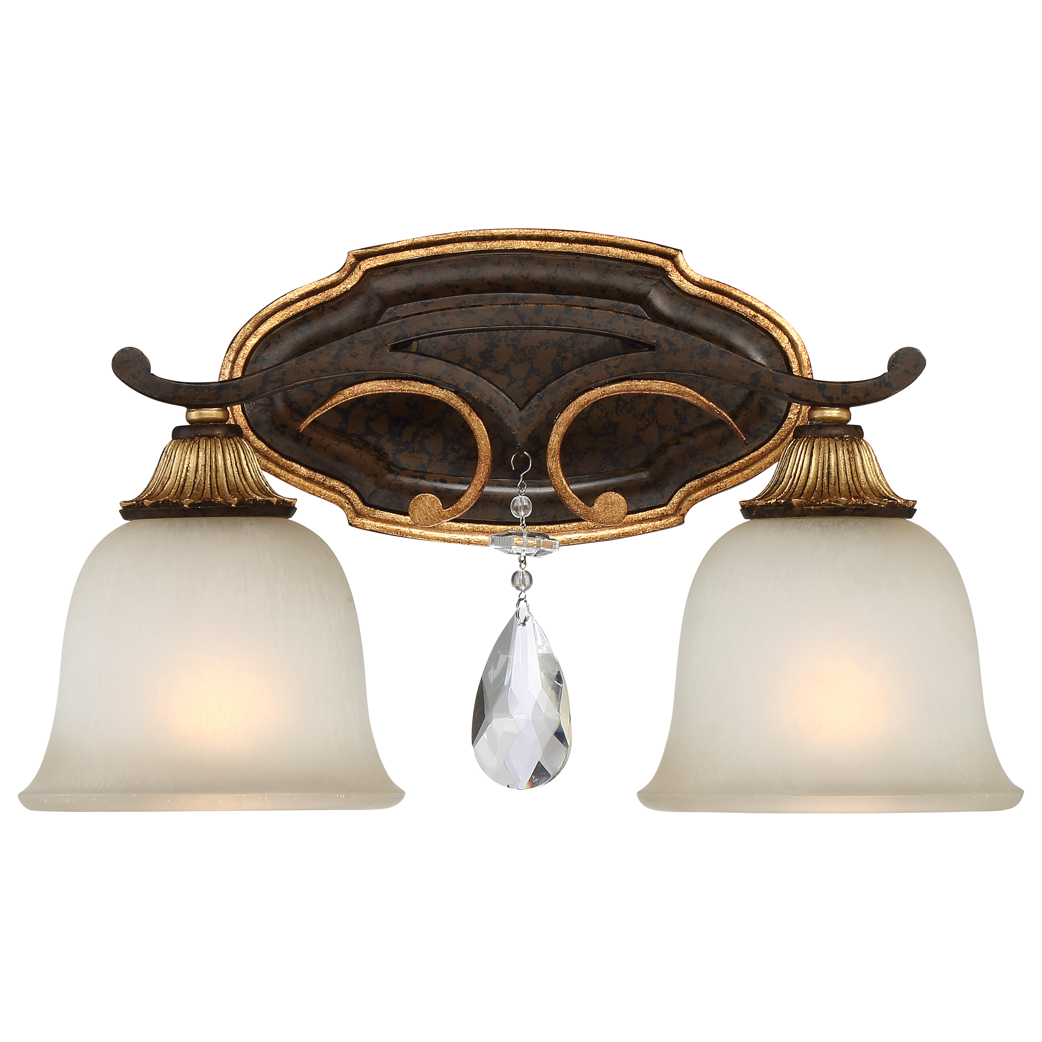 The Chateau Nobles 2-Light Bath Vanity combines classic elegance with modern functionality. Its Raven Bronze finish with Sunburst Gold Leaf highlights adds sophisticated warmth to any bathroom space.