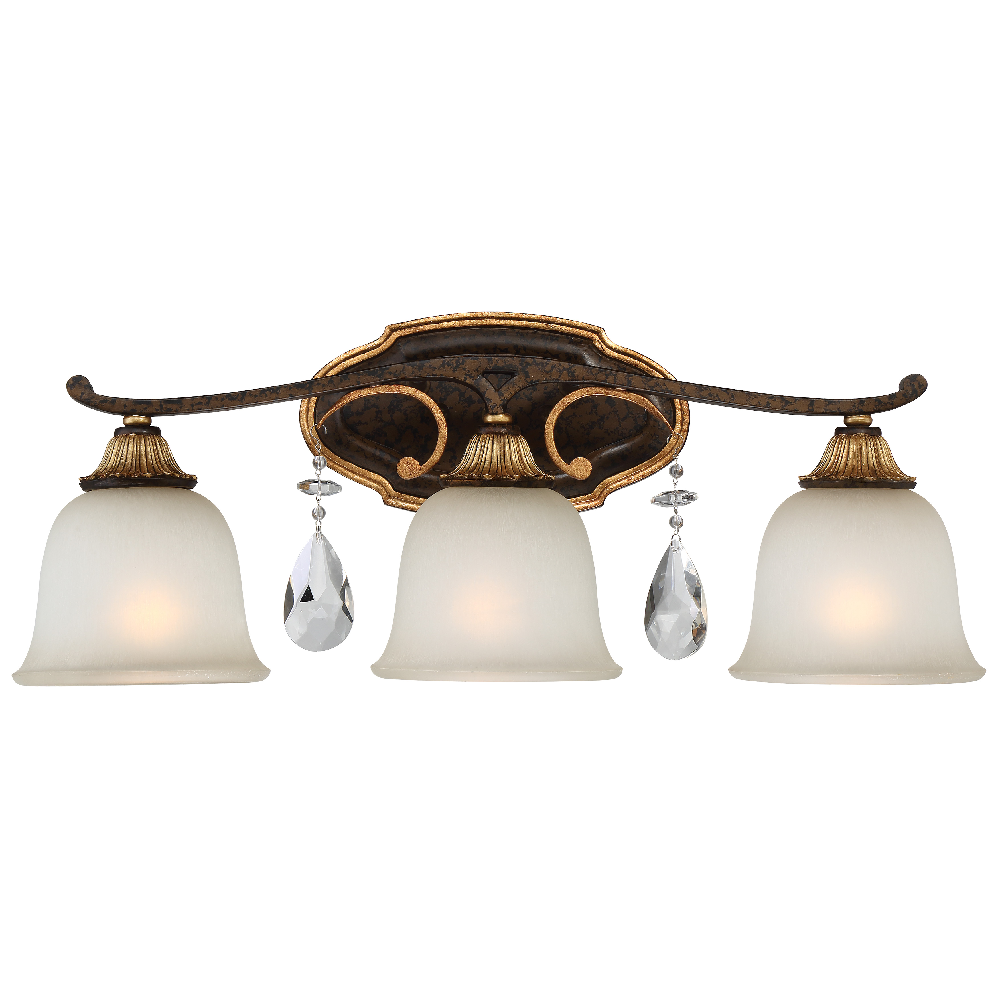 The Chateau Nobles 3-Light Bath Vanity combines Old World elegance with modern functionality. Featuring a sophisticated Raven Bronze finish with Sunburst Gold Leaf highlights and crystal accents, this fixture delivers ample illumination while adding refined luxury to any bathroom space.
