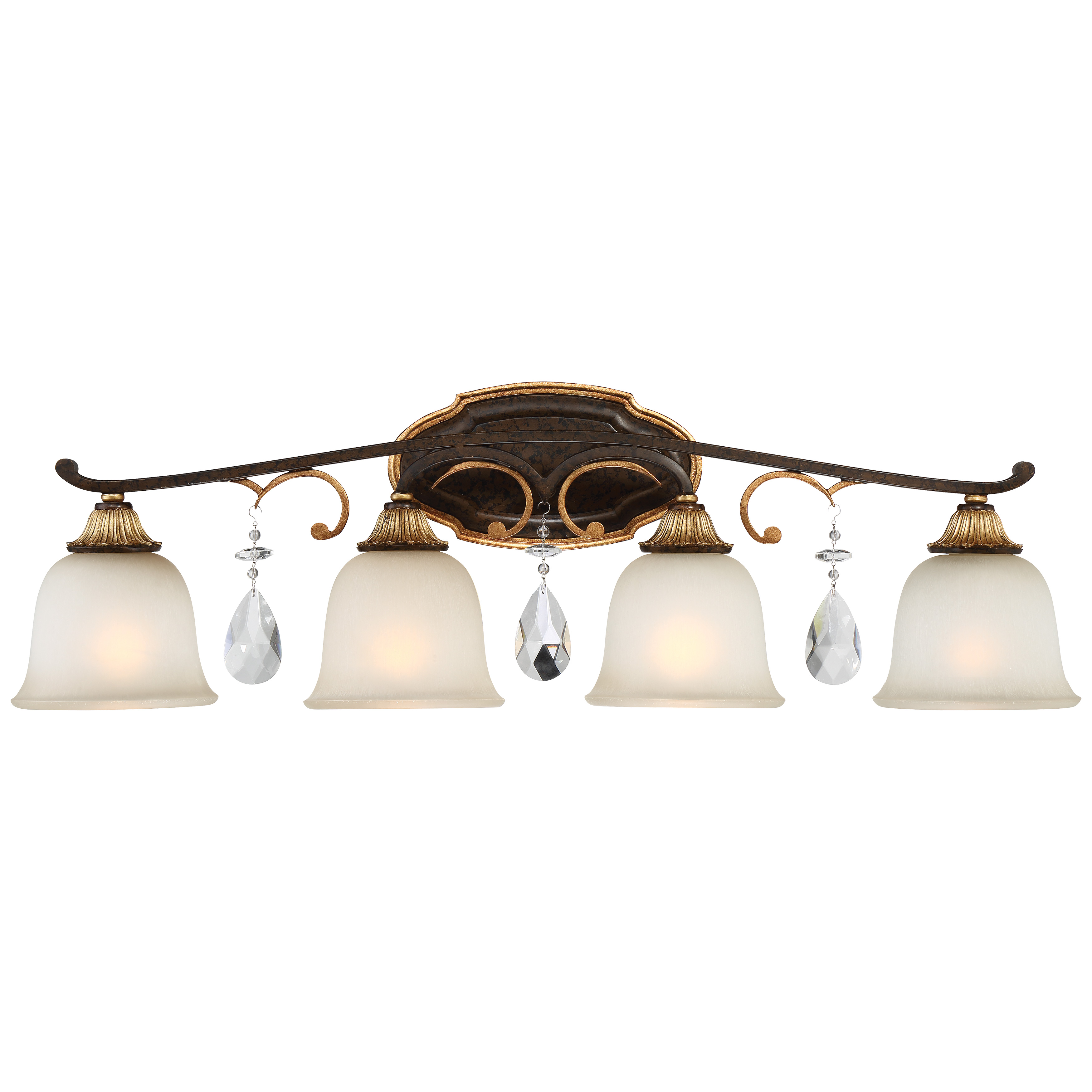 The Chateau Nobles 4-Light Bath Vanity combines Old World elegance with modern functionality. Its Raven Bronze finish with Sunburst Gold Leaf highlights creates a sophisticated focal point, while crystal and glass elements add sparkle and refinement to any bathroom.