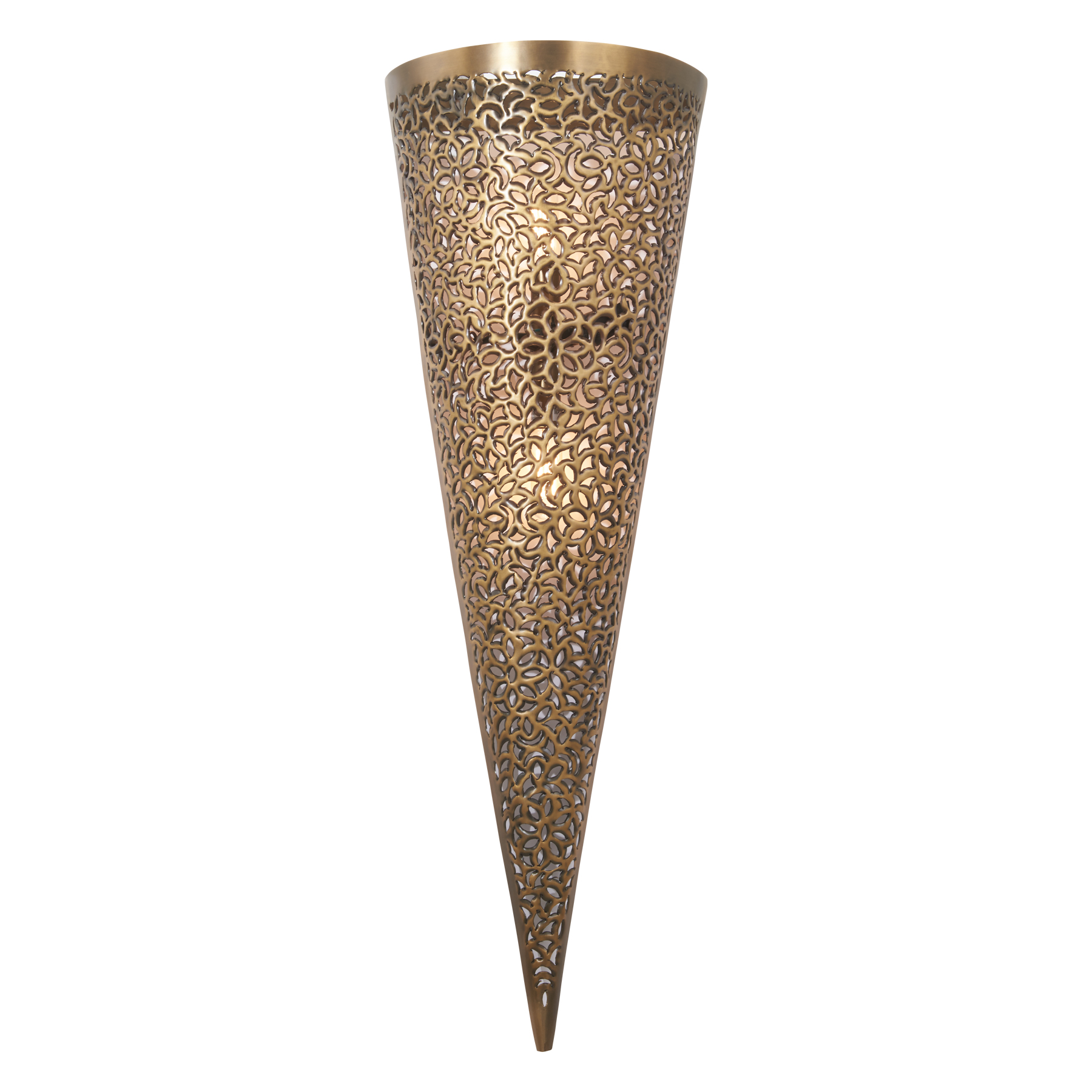 The Moradabad wall sconce showcases authentic Indian craftsmanship with its gilded brass finish and iron construction. At 30 inches tall, this statement piece brings warmth and traditional elegance to any space.