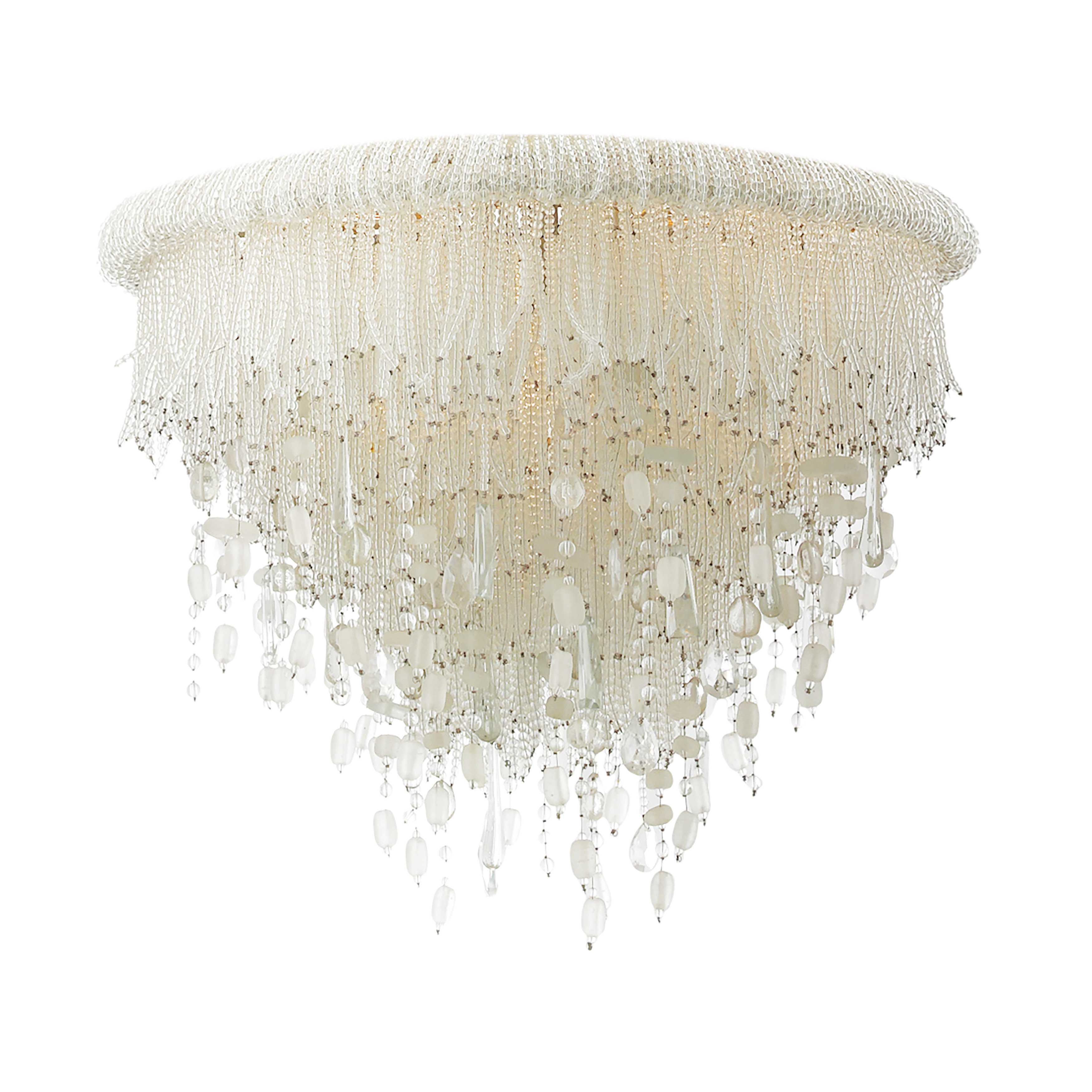 The Crystal Reign brings sophisticated glamour with its cascading crystal beads and unique sea glass accents. At 30.5" wide, this substantial flush mount delivers impressive presence while maintaining a low 24" profile perfect for standard ceilings.