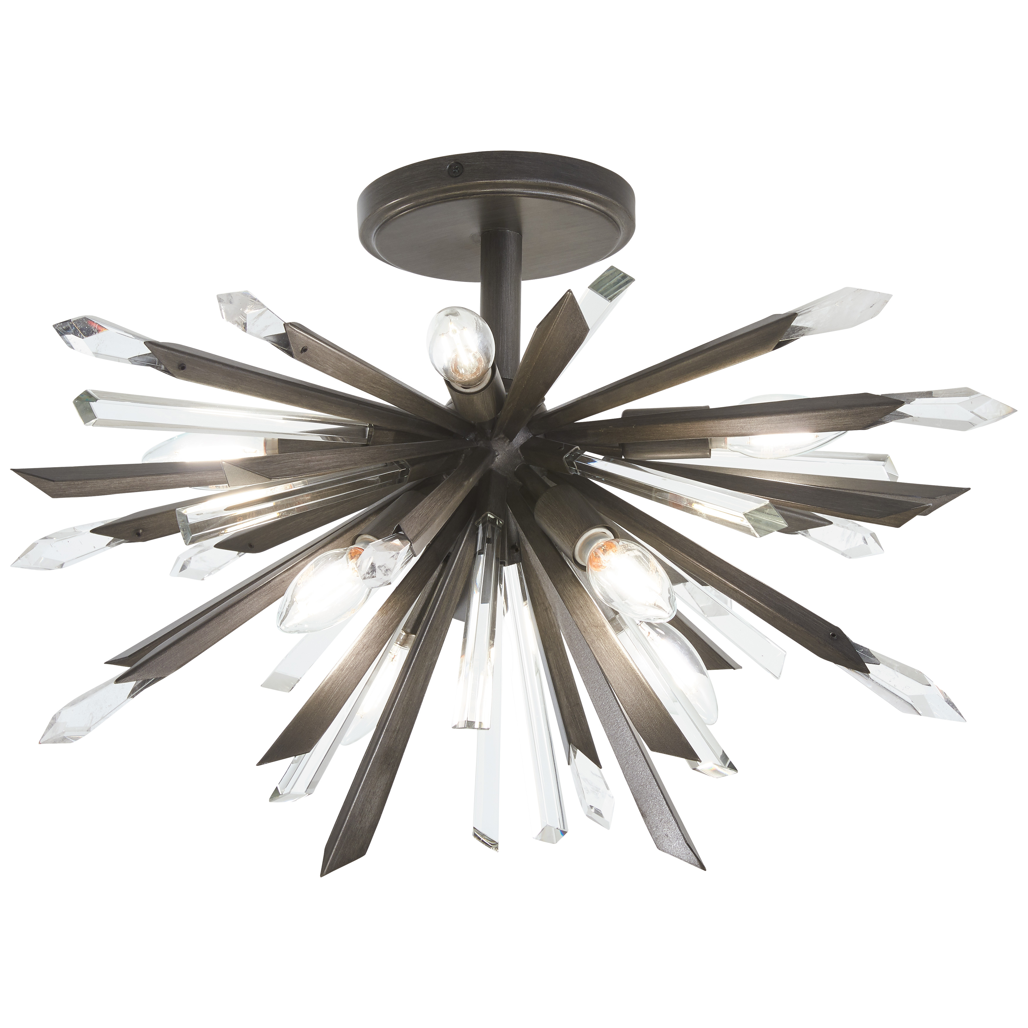 The Elsa combines contemporary sophistication with timeless crystal elegance. Eight candelabra lights illuminate clear crystal and rock crystalite accents, creating stunning light refraction against the bold midnight graphite frame.
