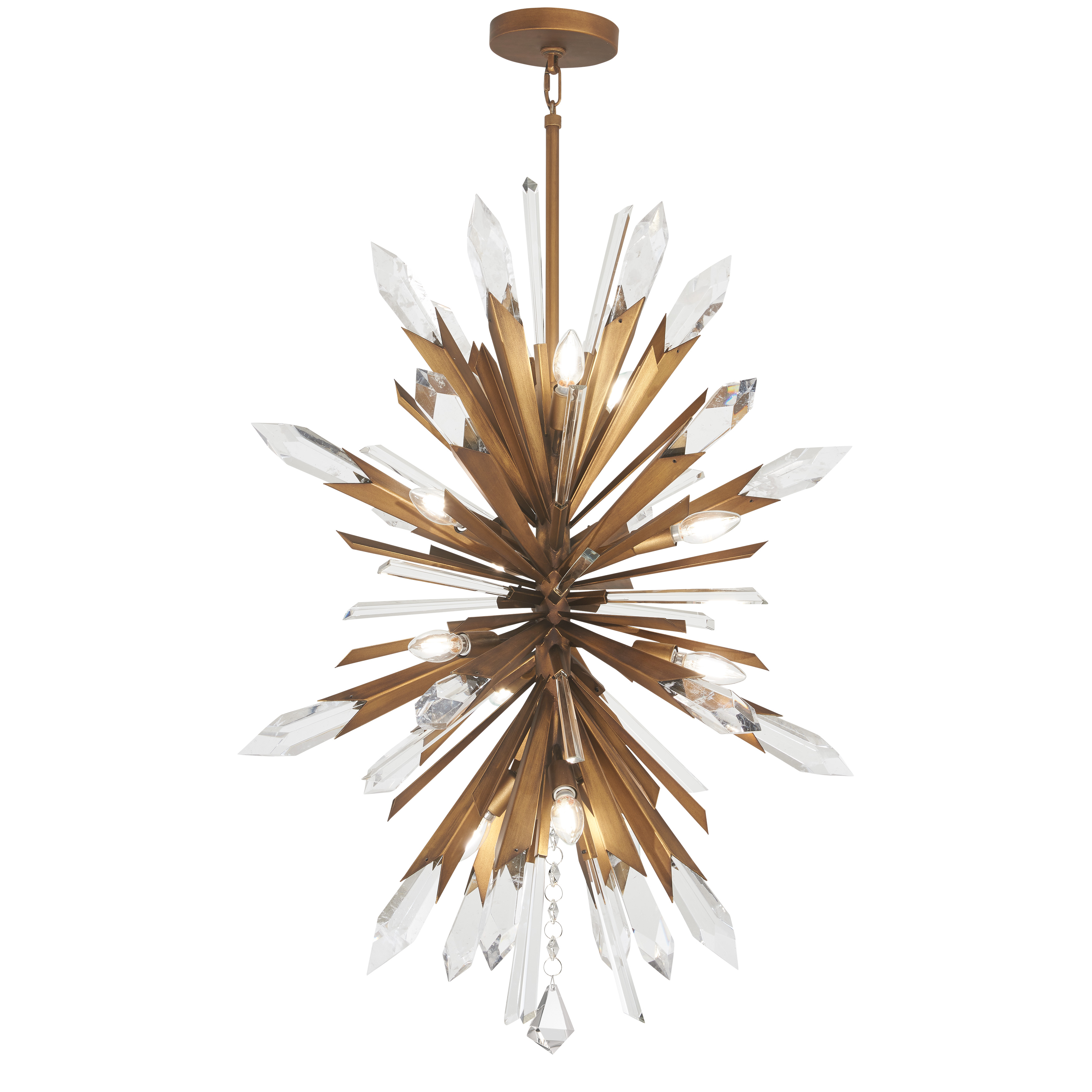 The Elsa 12-Light Pendant combines modern sophistication with Art Deco-inspired precisionist styling. Featuring hammered gold accents and crystal details, this substantial fixture delivers dramatic illumination perfect for grand spaces.