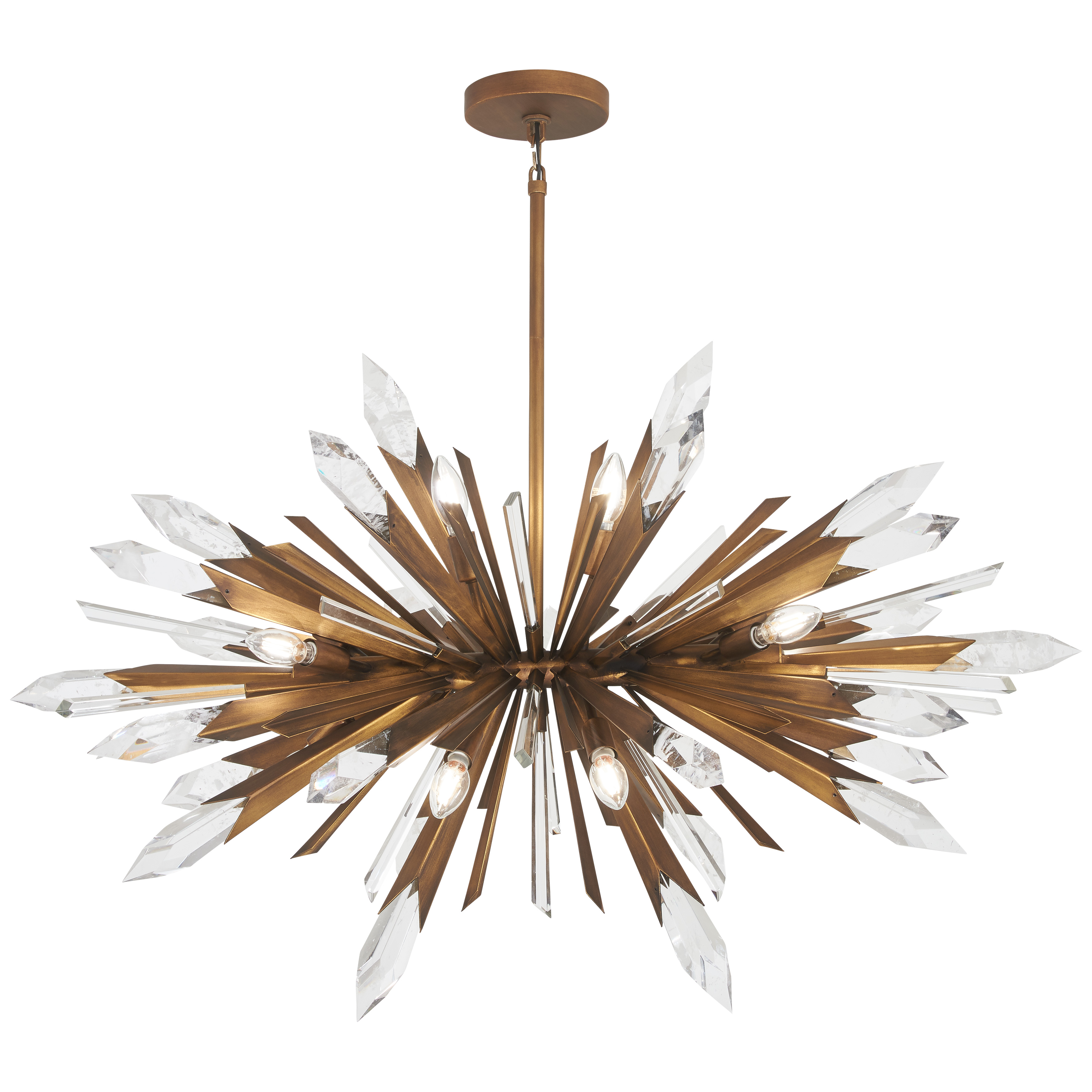 The Elsa pendant combines contemporary elegance with timeless glamour through its 12-light design, clear crystal accents, and painted majestic gold finish. At nearly 42 inches wide, this substantial fixture commands attention.