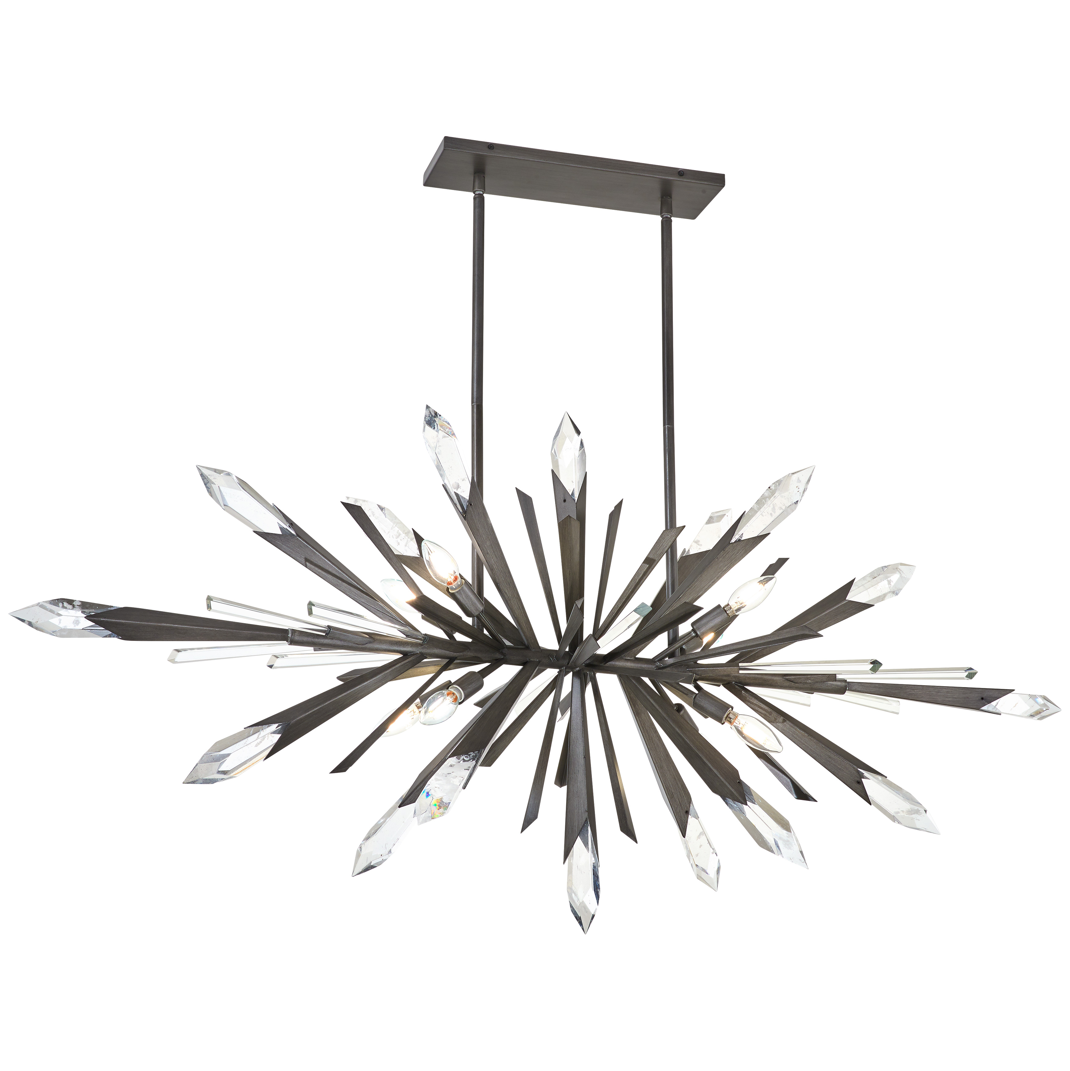 The Elsa brings sophisticated glamour to large spaces with its elongated 58-inch frame adorned with clear crystal and rock crystalite accents. The midnight graphite finish provides striking contrast against the sparkling crystals, creating a contemporary statement piece perfect for kitchen islands and dining rooms.