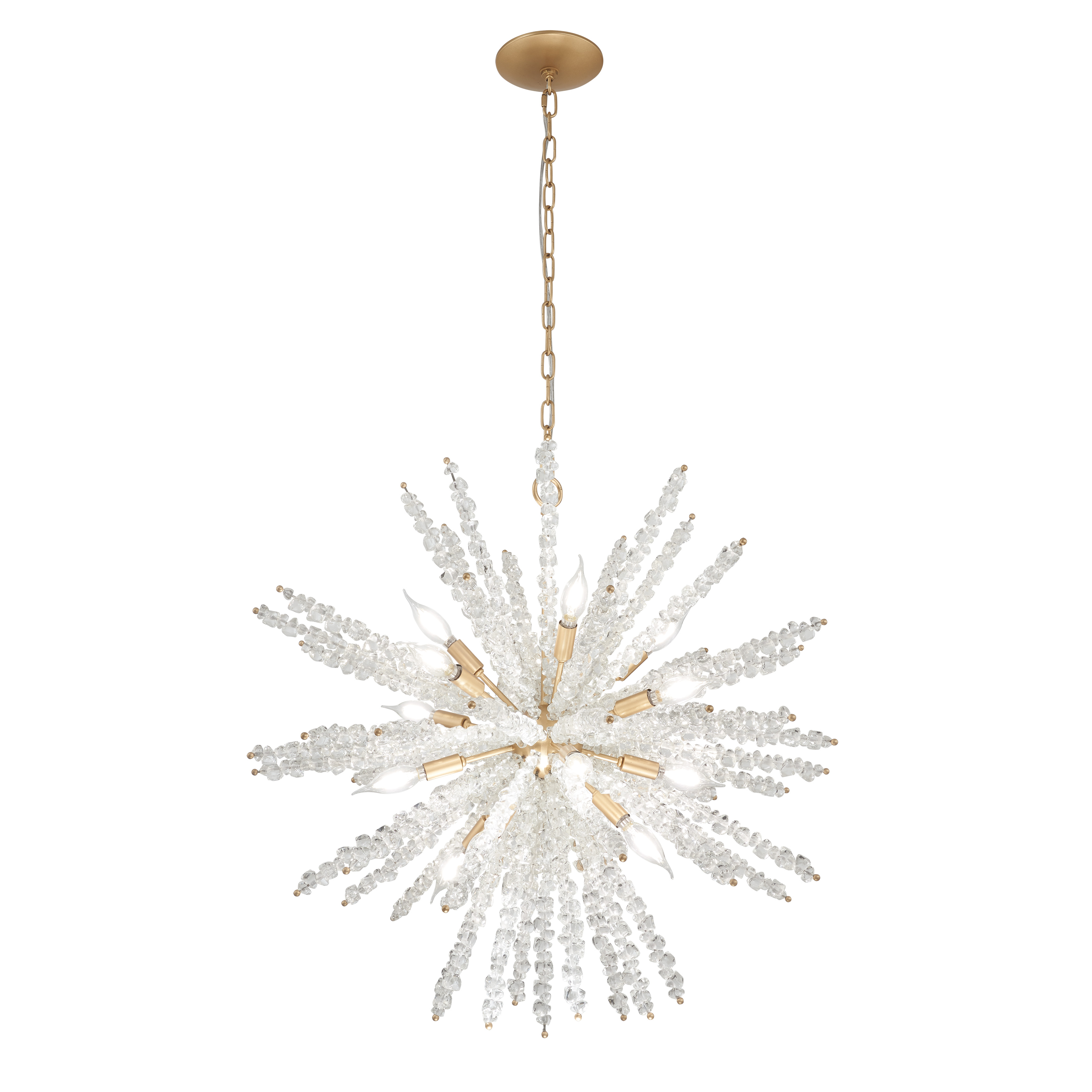 The Aisi pendant combines warm Fawn Gold metalwork with clear sea glass shades to create a sophisticated focal point. Its generous 28-inch scale and 12 candelabra lights deliver both dramatic presence and ample illumination.