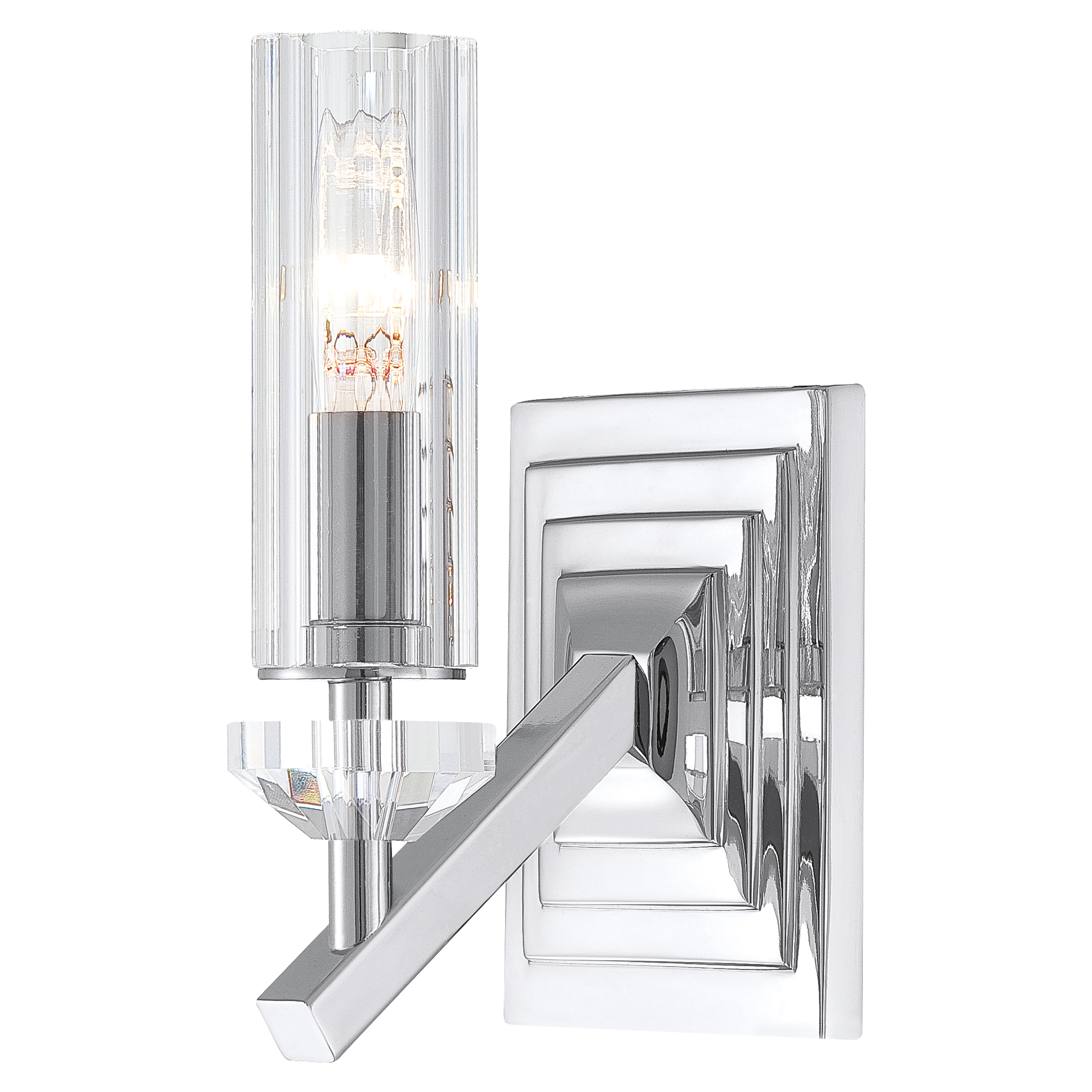 The Fusano wall sconce combines contemporary sophistication with transitional versatility. Its polished nickel finish and Eidolon Krystal glass shade create refined ambient lighting perfect for bathrooms and hallways.