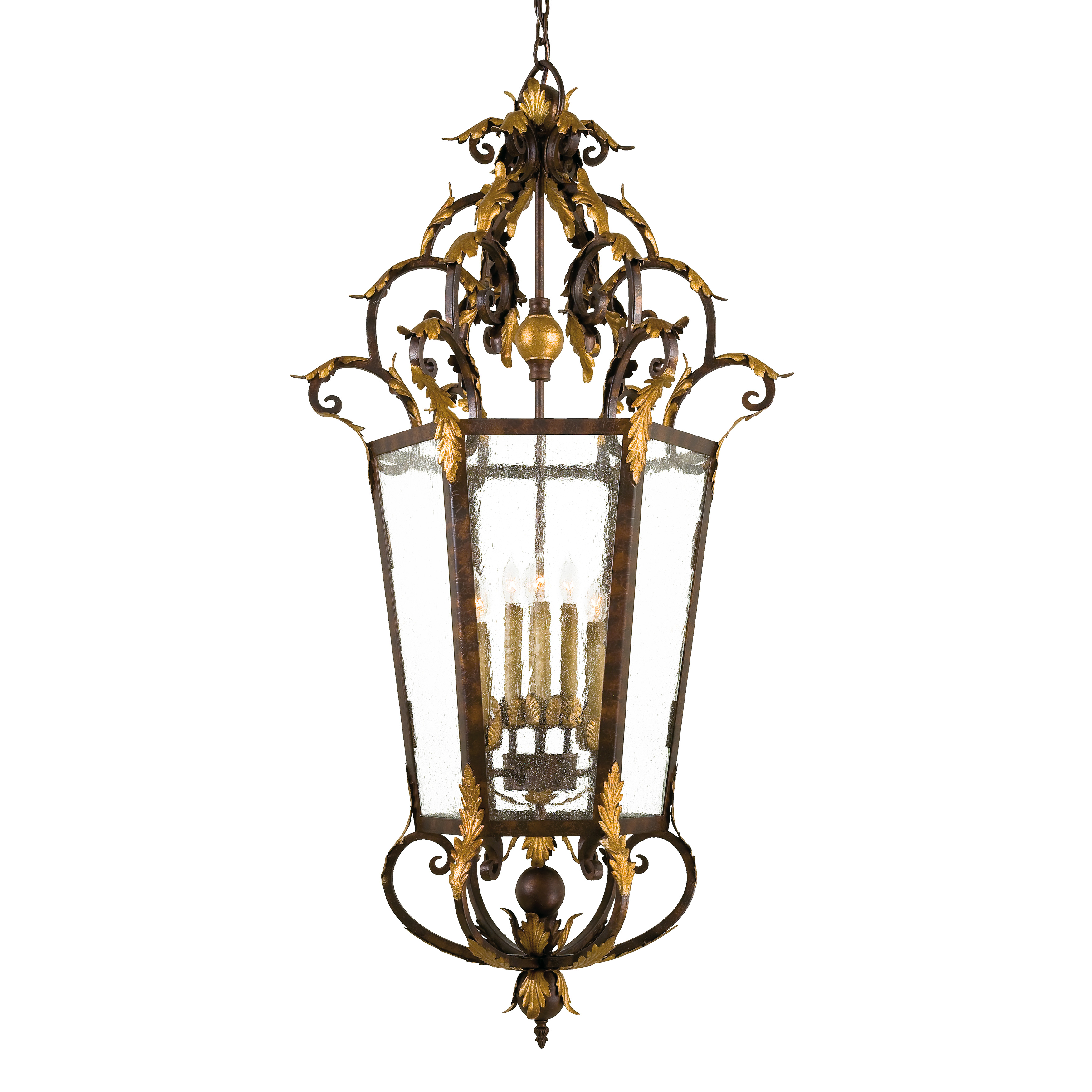 The Zaragoza 8-light foyer pendant brings Old World charm with its wrought iron frame in Golden Bronze finish and seeded glass panels. At over 4 feet tall and 26 inches wide, this substantial fixture commands attention in grand entryways.