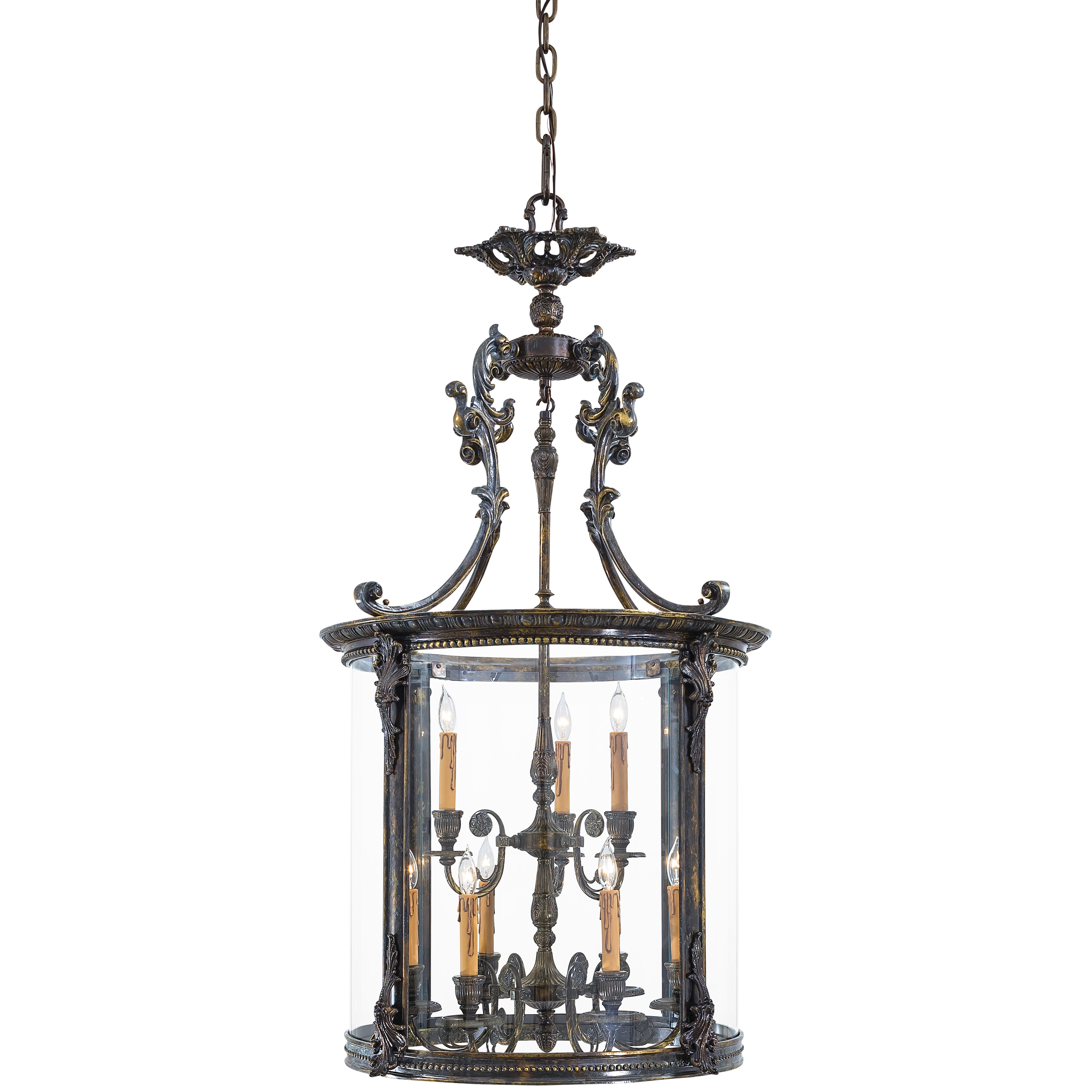This substantial 26.5-inch pendant combines French Oxide metalwork with clear glass shades for a sophisticated transitional look. Nine candelabra bulbs provide ample illumination for large spaces, while the 45-inch height creates dramatic vertical presence.