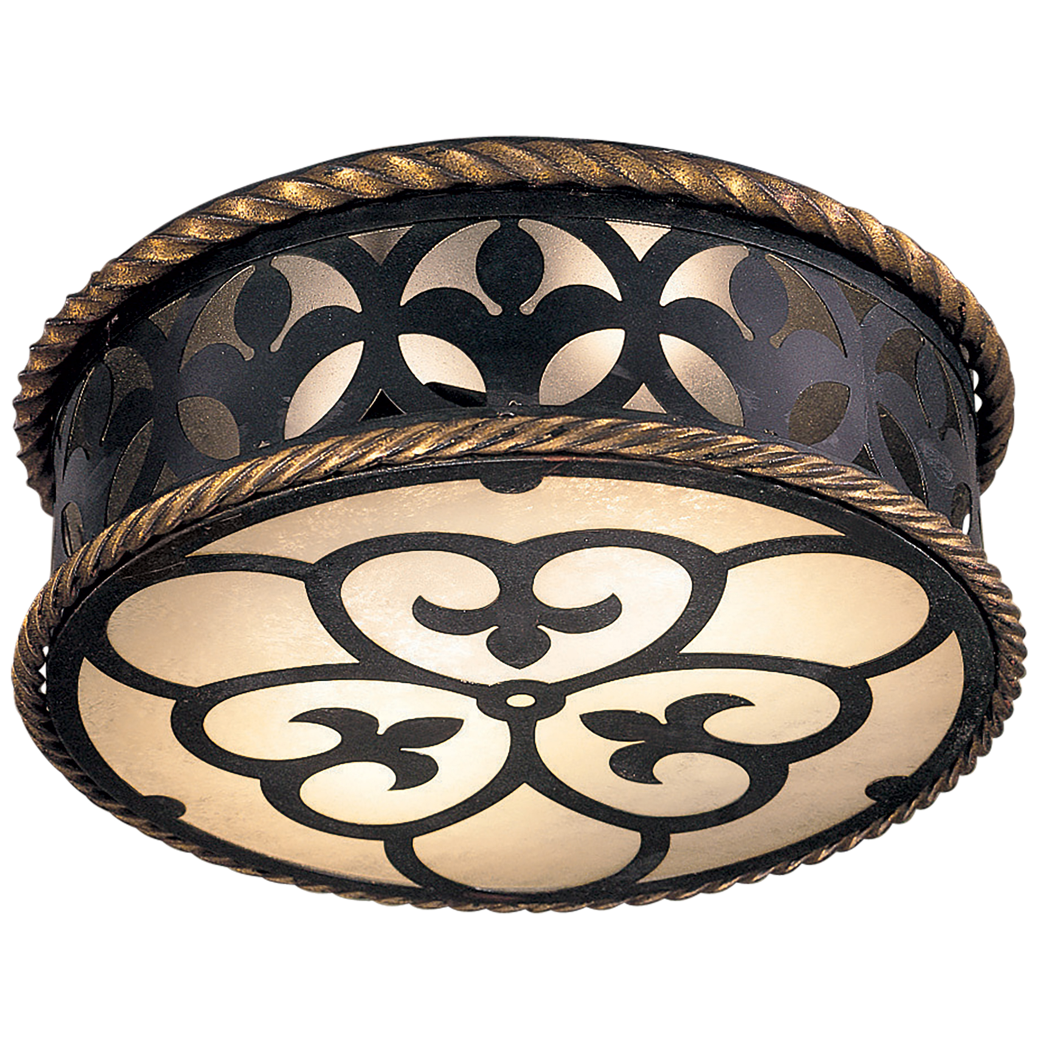 The Montparnasse flush mount brings Old World charm to low-ceiling spaces with its hand-applied French Black finish, gold leaf accents, and double scavo glass shades. Perfect for hallways, bedrooms, and intimate spaces.