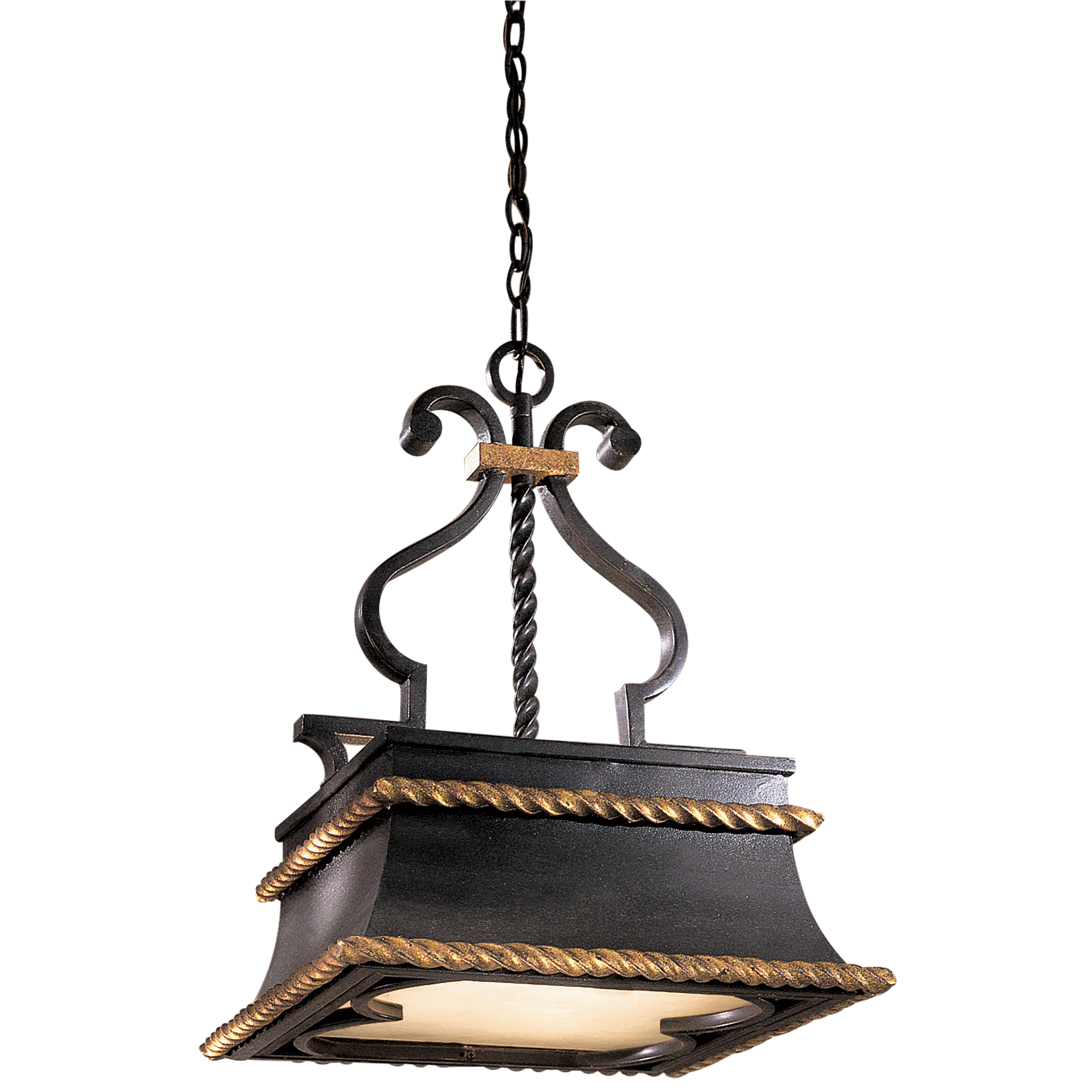 The Montparnasse pendant brings Old World charm with its hand-applied French Black finish accented by gold leaf highlights. The wrought iron frame and double French scavo glass create warm, diffused light perfect for intimate dining spaces.