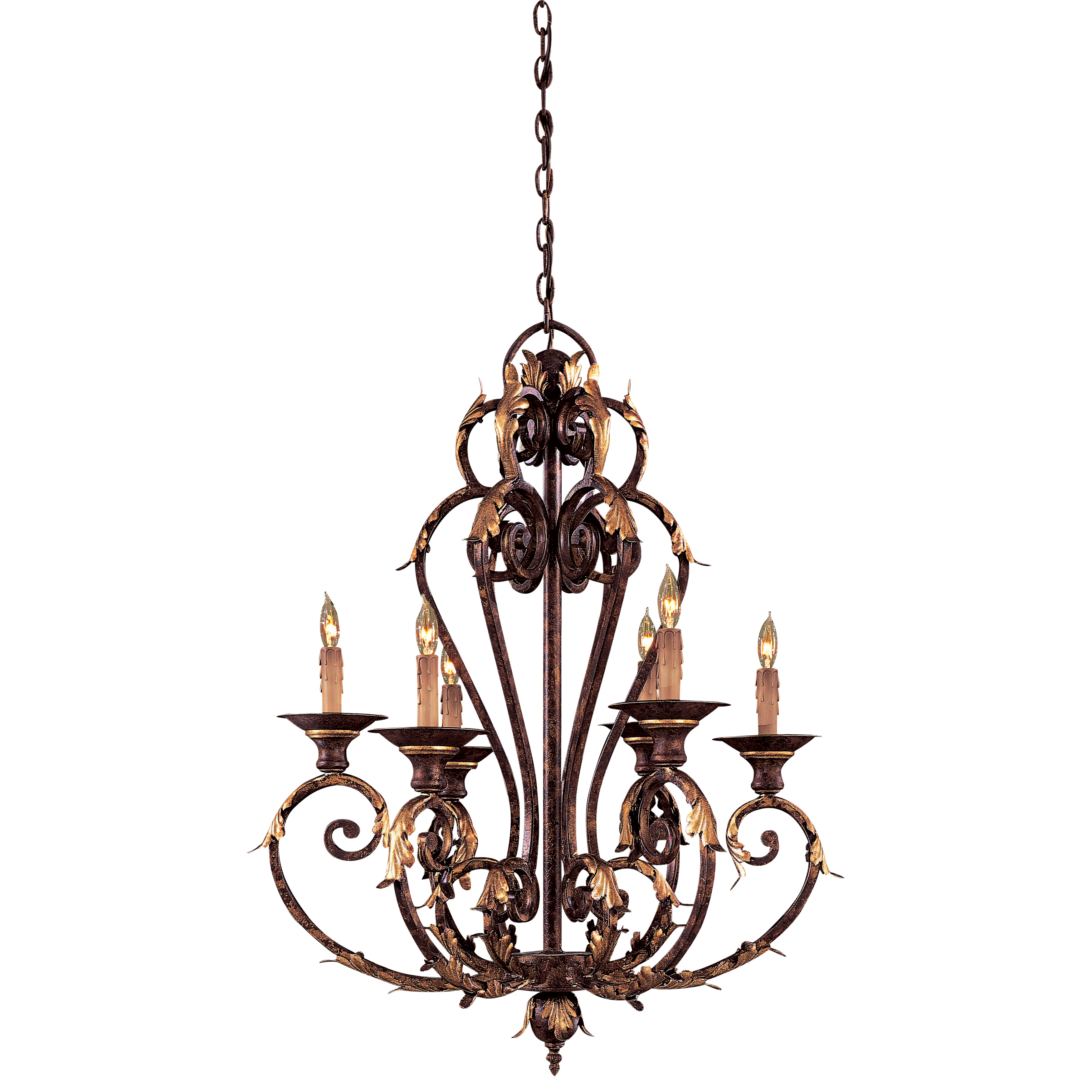 The Zaragoza 6-Light Chandelier brings timeless sophistication with its wrought iron frame and golden bronze finish. Perfect for traditional and transitional spaces, this medium-sized fixture provides ample illumination.