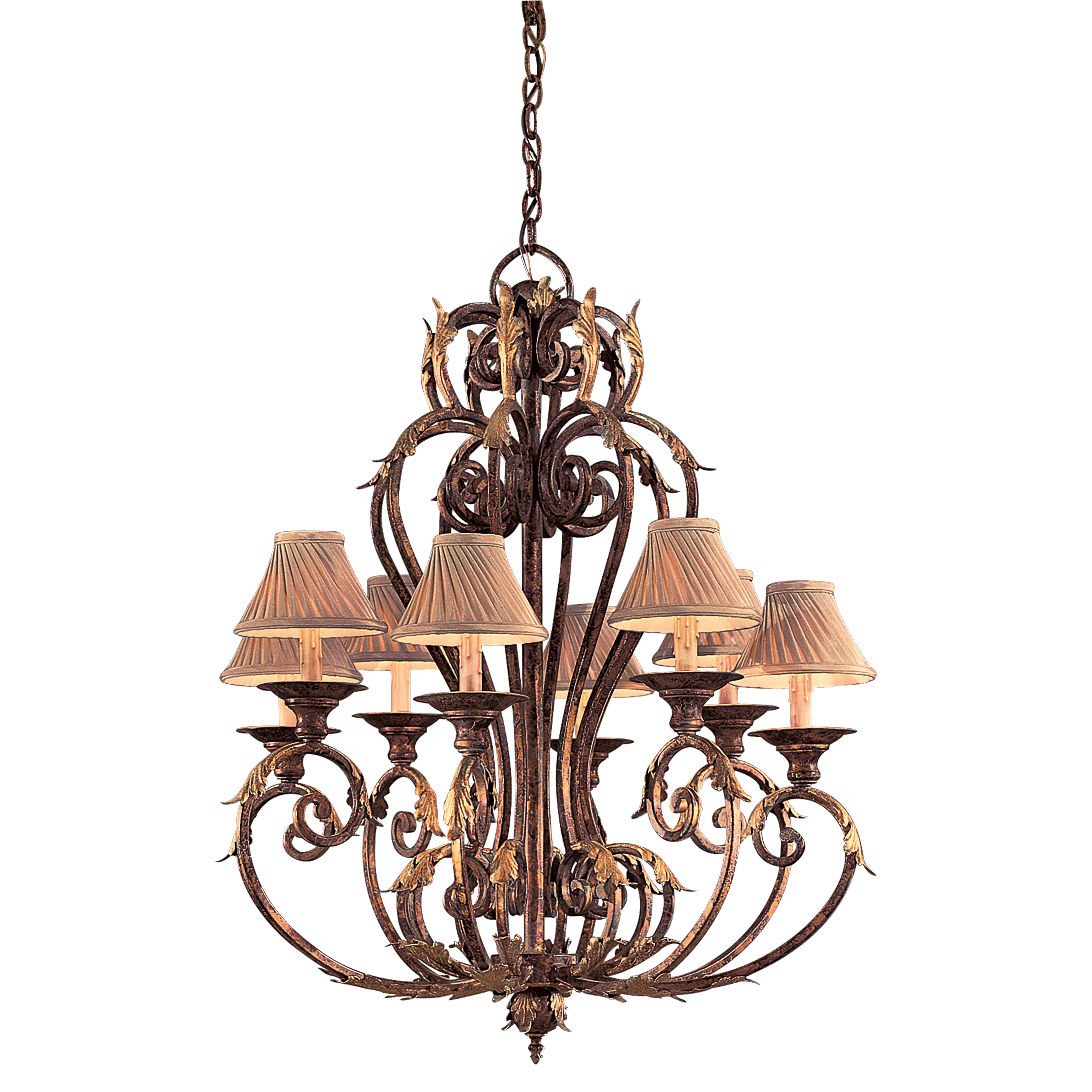 The Zaragoza 8-Light Chandelier brings Old World charm with its wrought iron frame and Golden Bronze finish. At 34 inches wide, this substantial fixture creates dramatic impact in dining rooms and foyers with traditional or transitional décor.
