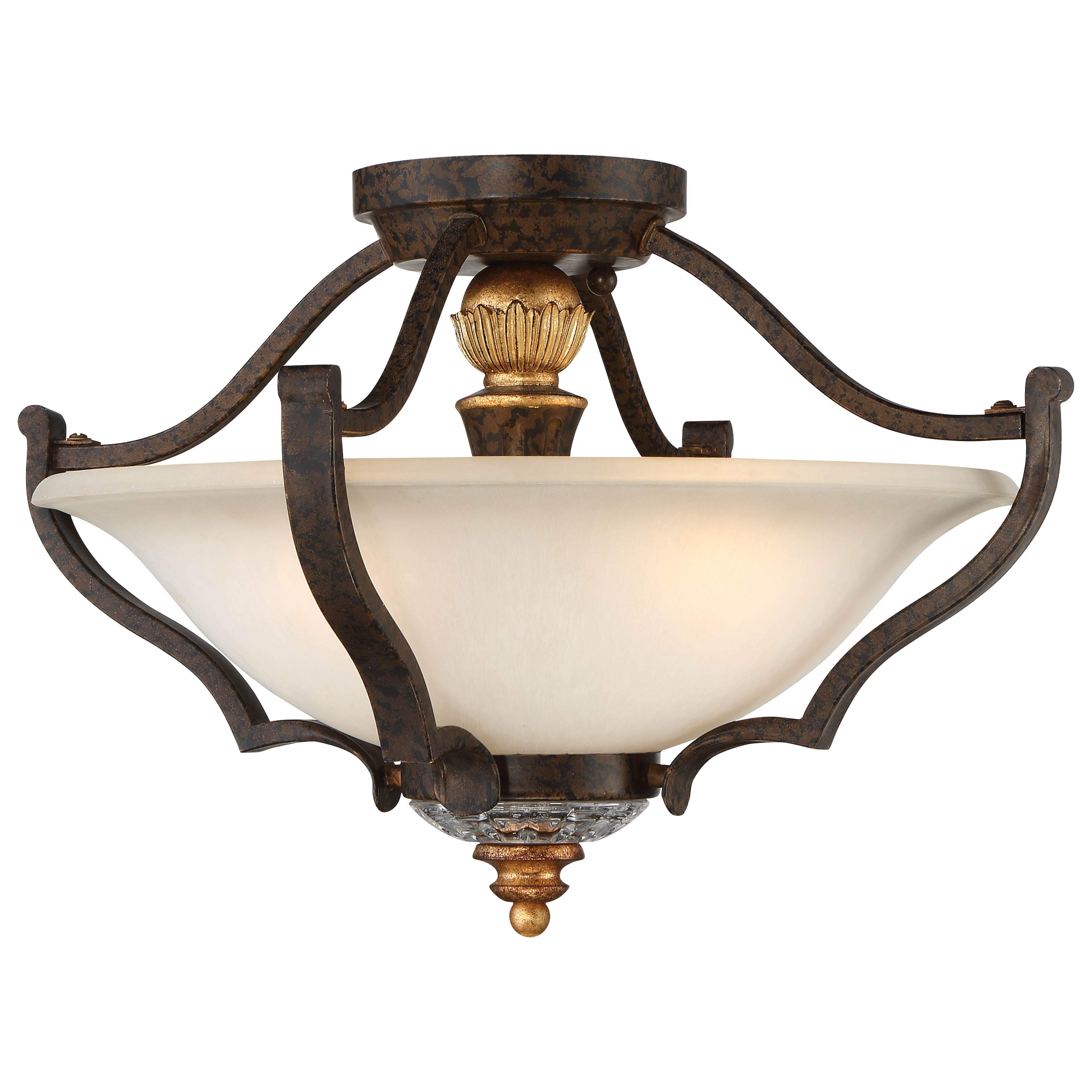 The Chateau Nobles semi-flush mount brings refined elegance to compact spaces with its raven bronze finish, sunburst gold highlights, and crystal accents. Perfect for low ceilings needing sophisticated style.