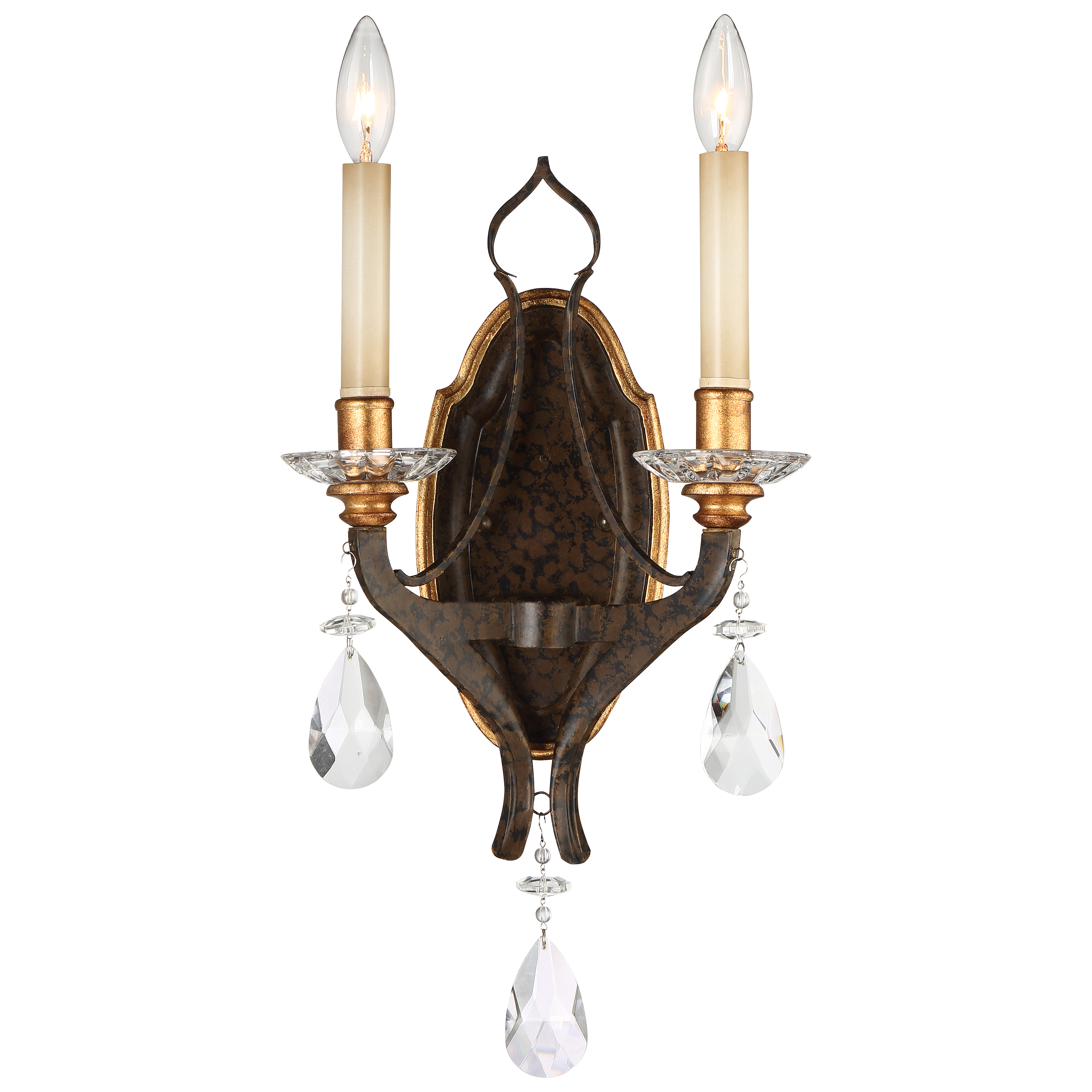 The Chateau Nobles wall sconce combines Old World elegance with transitional versatility. Its raven bronze finish with sunburst gold leaf highlights creates dramatic visual interest, while dual candelabra bulbs provide warm ambient lighting.