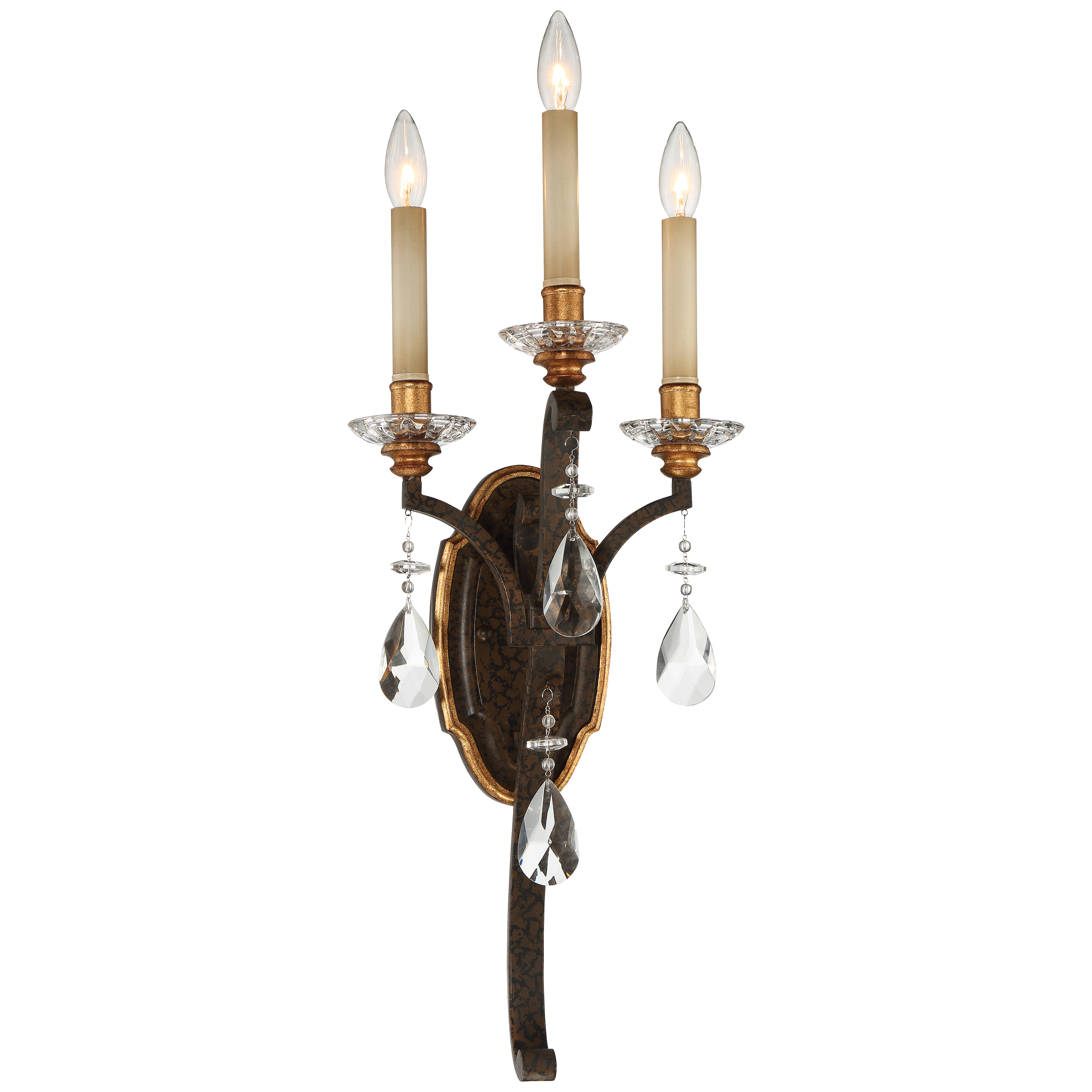 The Chateau Nobles 3-Light Wall Sconce brings Old World elegance with its Raven Bronze finish accented by Sunburst Gold Leaf highlights. At over 26 inches tall, this statement piece creates dramatic vertical interest perfect for grand entryways and formal spaces.