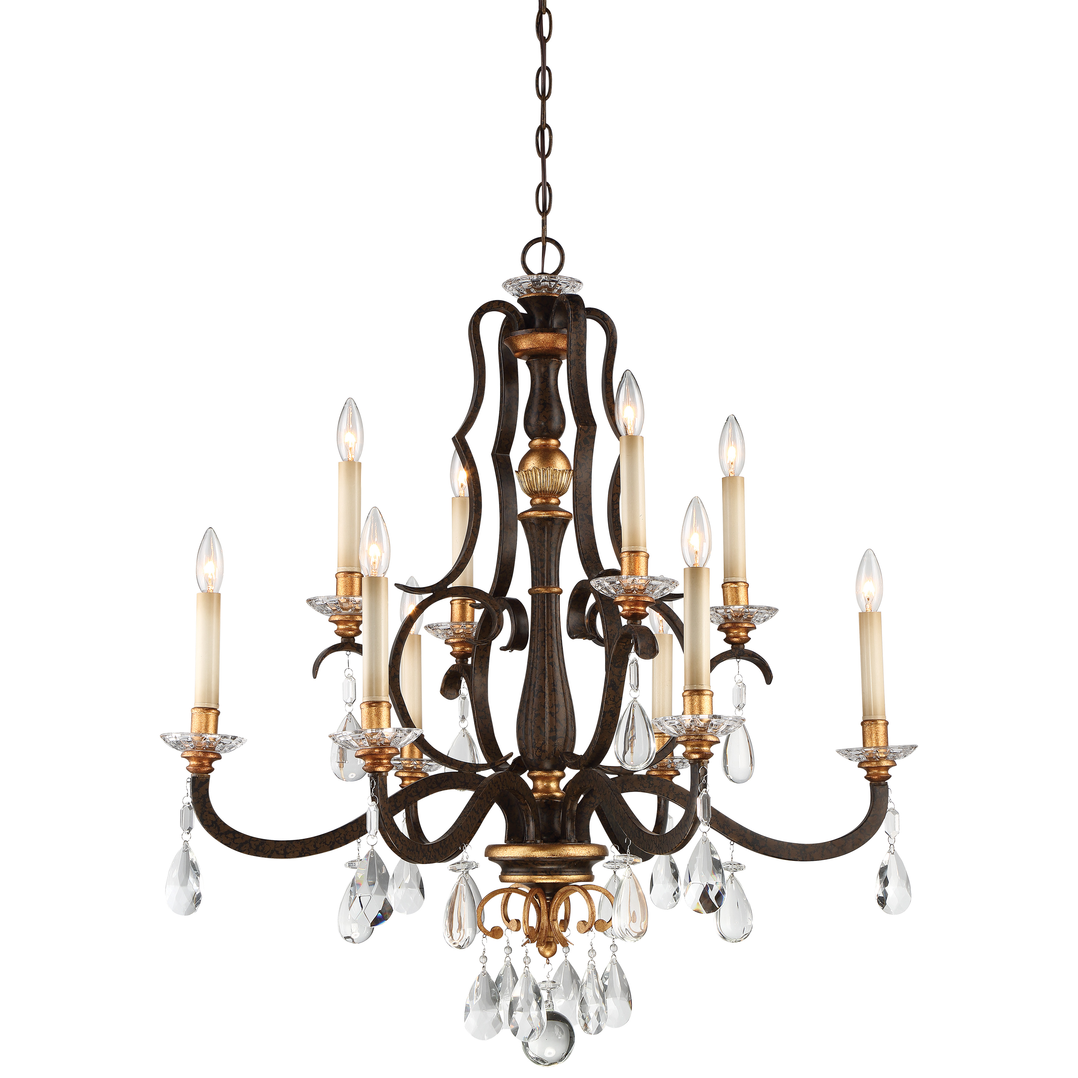 The Chateau Nobles chandelier brings sophisticated European elegance with its raven bronze finish accented by sunburst gold leaf highlights. Ten candelabra lights and crystal details create stunning ambiance for formal spaces.