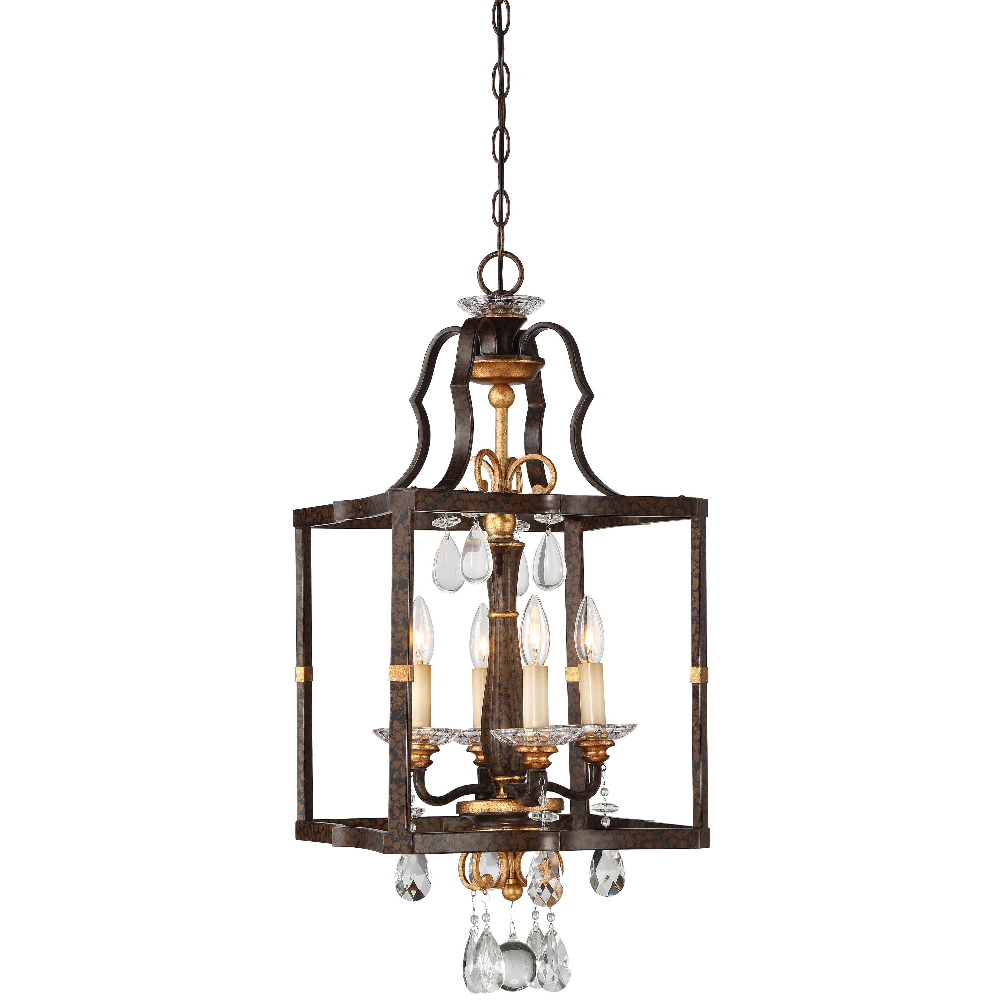 The Chateau Nobles pendant combines traditional European elegance with transitional versatility. Featuring a rich Raven Bronze finish accented with Sunburst Gold Leaf highlights and crystal details, this 4-light fixture adds refined sophistication to intimate dining spaces.