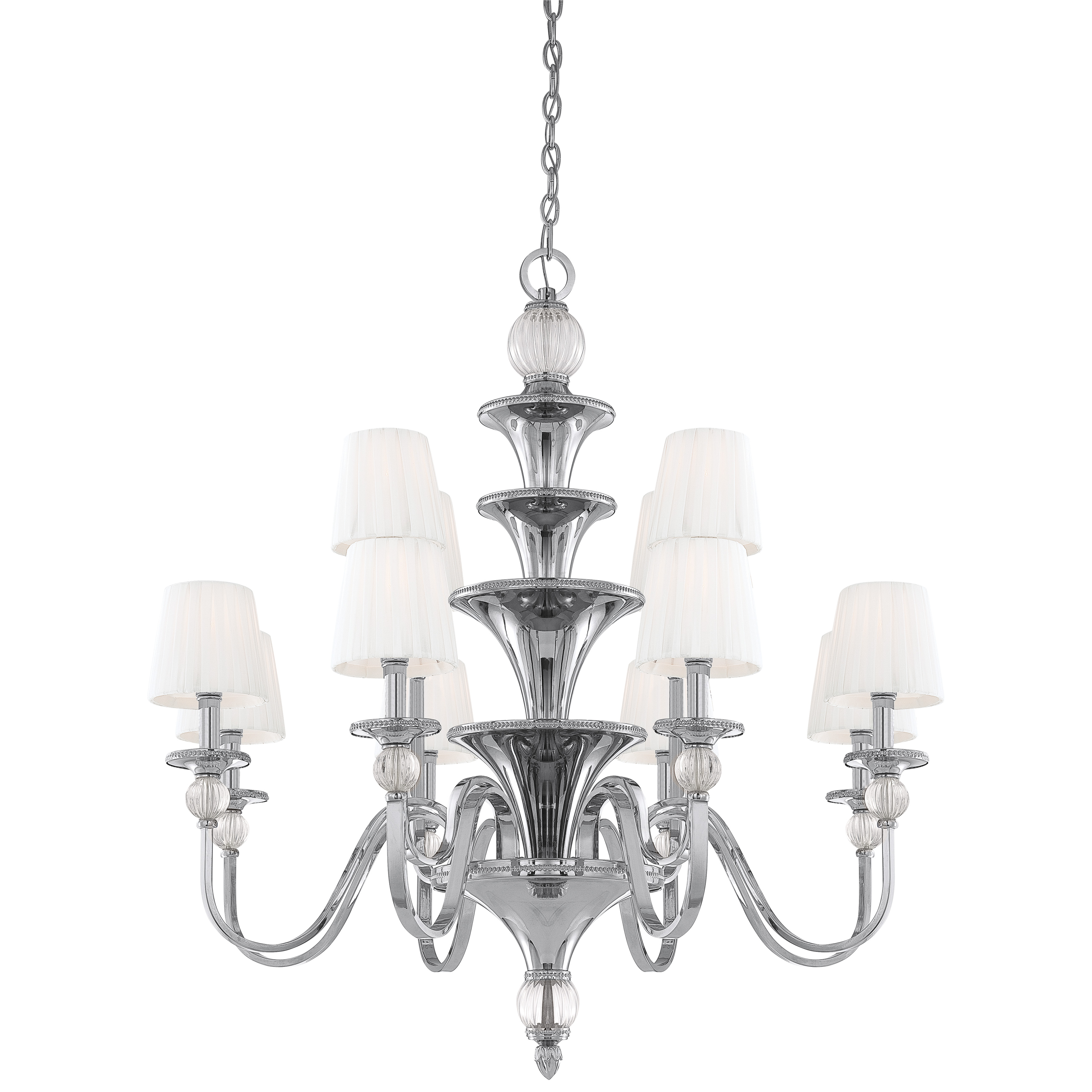 The Aise chandelier combines polished nickel metalwork with ribbed optic glass accents and white pleated fabric shades for a refined transitional aesthetic. Its 12-light configuration and two-tier design provide substantial illumination.