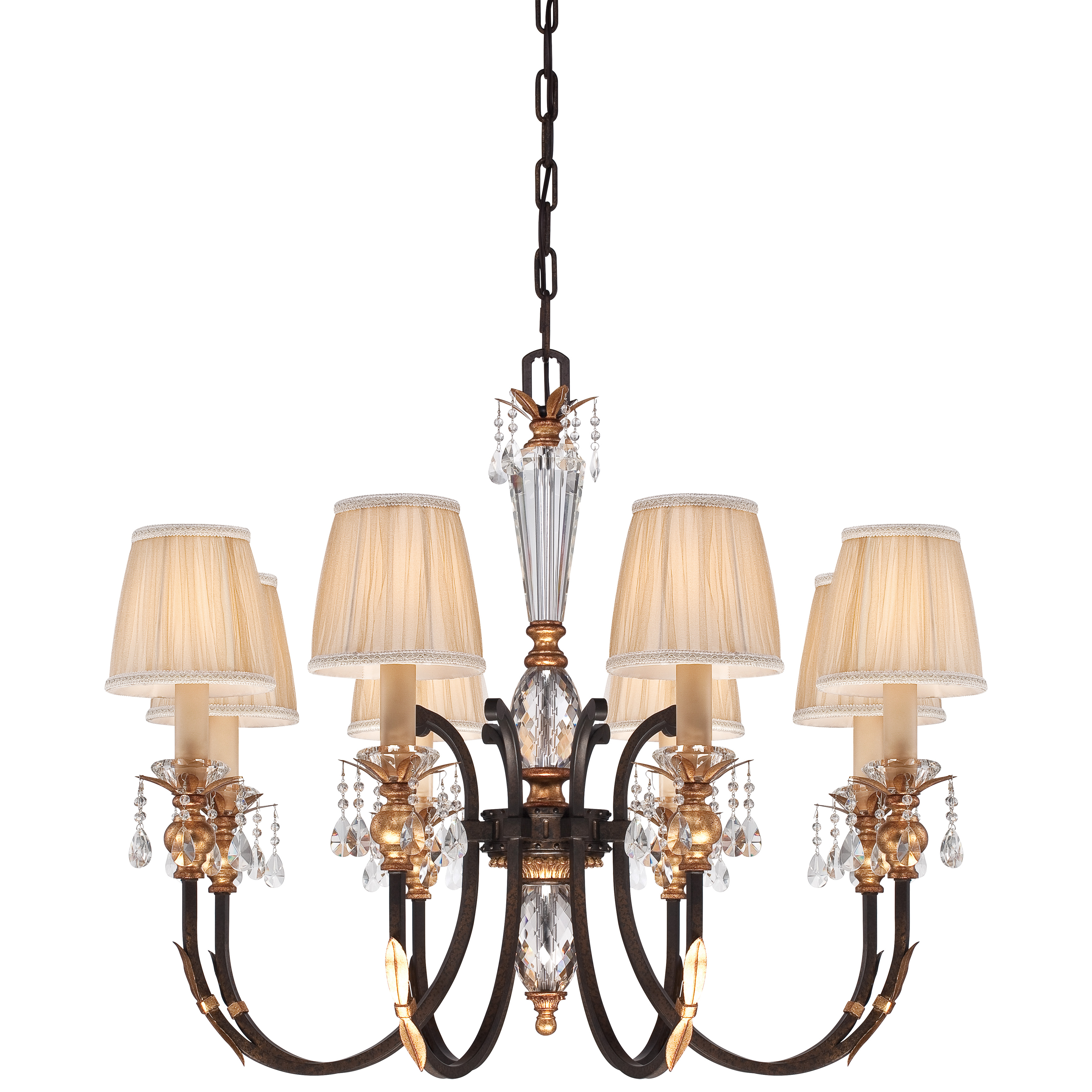 The Bella Cristallo chandelier combines Old World elegance with transitional sophistication. French Bronze finish with gold leaf highlights pairs beautifully with Eidolon Krystal accents and pleated champagne shades for warm, refined illumination.