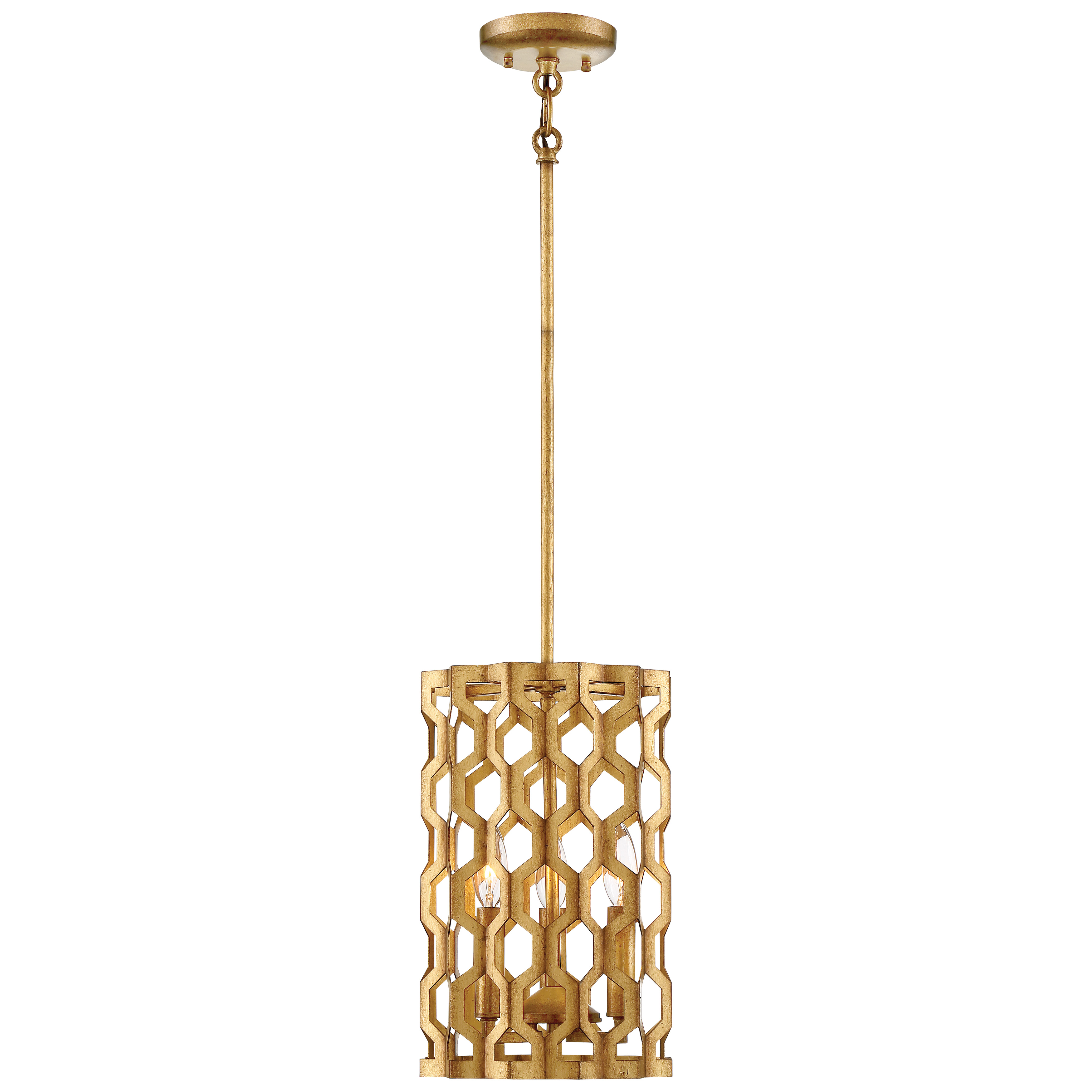 The Coronade mini pendant combines transitional elegance with a compact 9-inch profile, making it perfect for smaller spaces. Its Pandora Gold Leaf finish adds warmth and sophistication, while the 3-light configuration provides ample illumination.