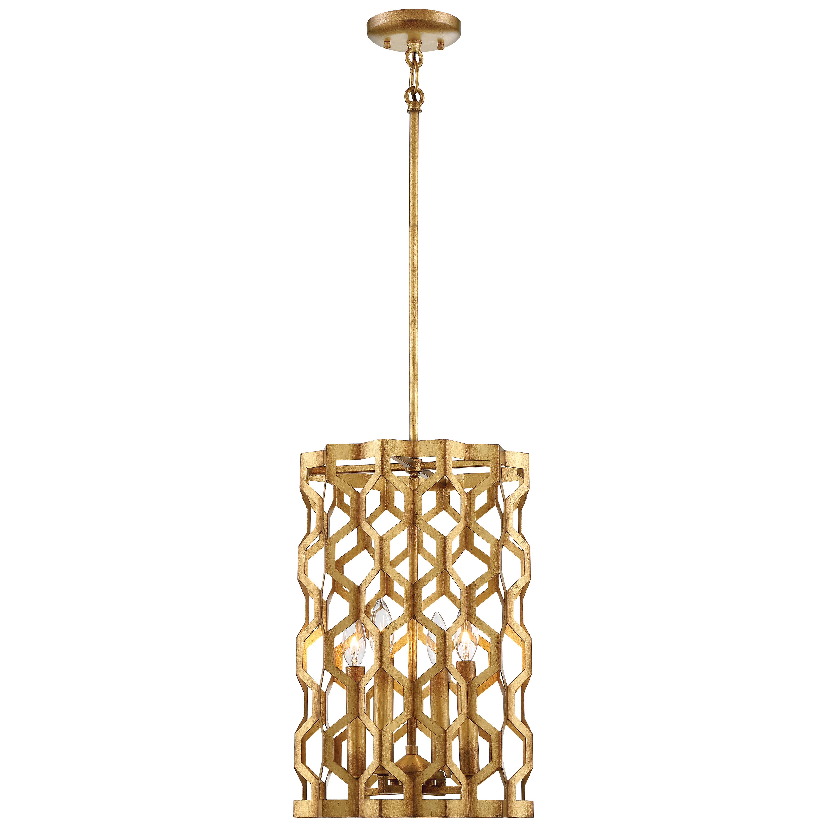 The Coronade 4-Light Pendant combines classic elegance with contemporary sensibility. Its Pandora Gold Leaf finish adds warmth and sophistication to any space, while the compact 12-inch width makes it perfect for smaller dining areas and kitchen islands.