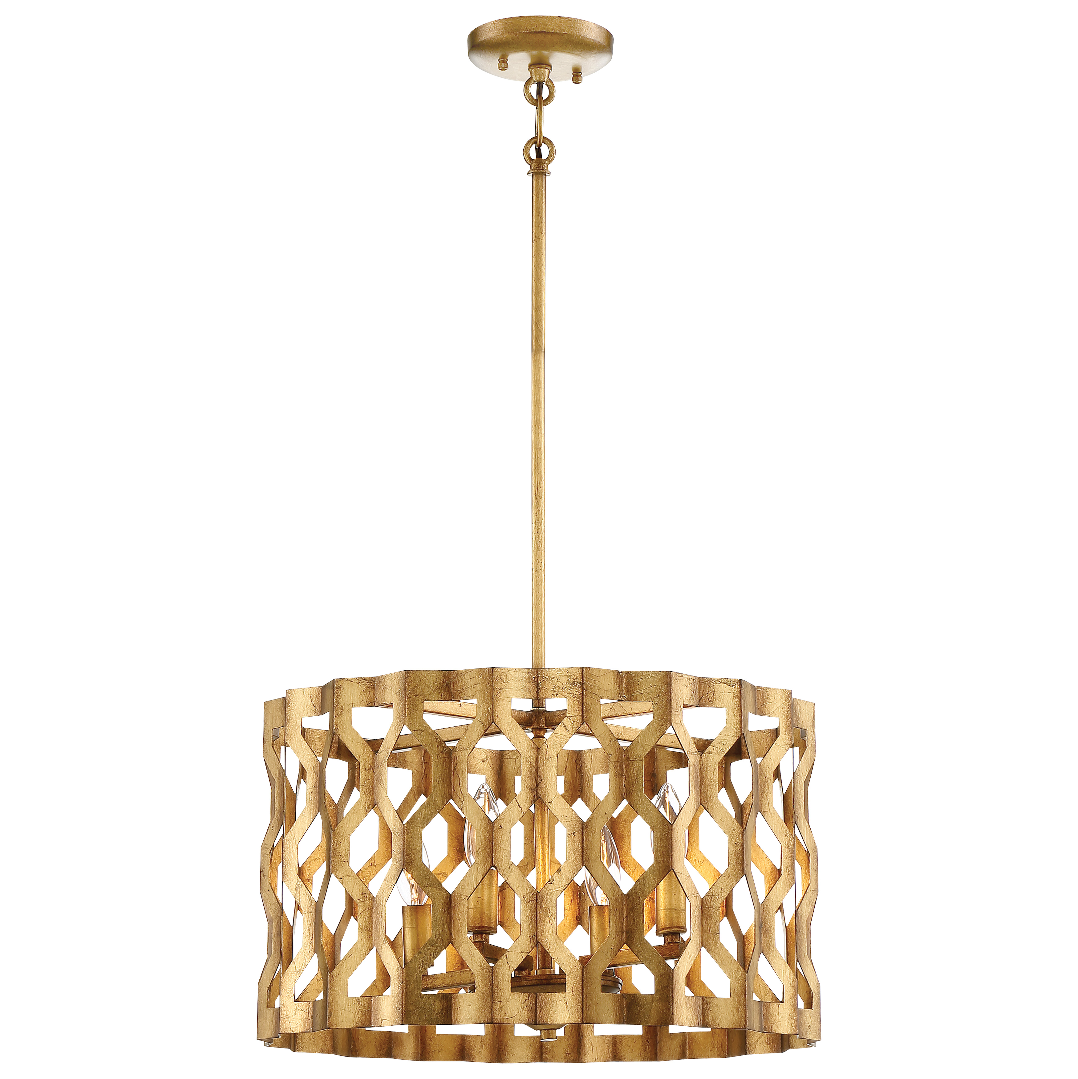 The Coronade 4-Light Pendant combines classic elegance with contemporary sensibility. Its Pandora Gold Leaf finish adds warmth and sophistication, while the compact 18-inch width makes it versatile for various spaces.