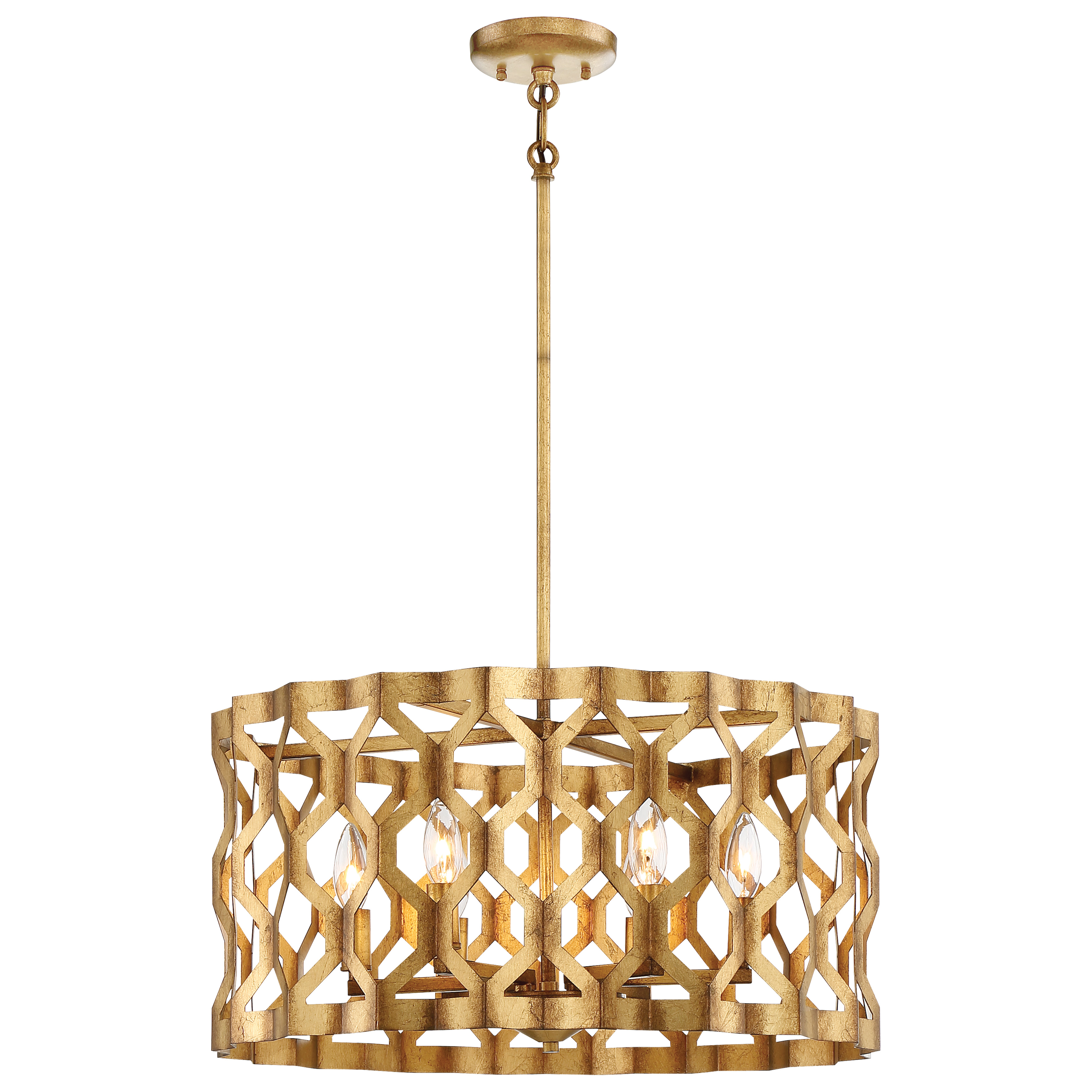 The Coronade 6-Light Pendant combines classic elegance with contemporary sensibility. Its Pandora Gold Leaf finish adds warmth and sophistication, while the 22-inch width makes it perfect for medium-sized spaces.