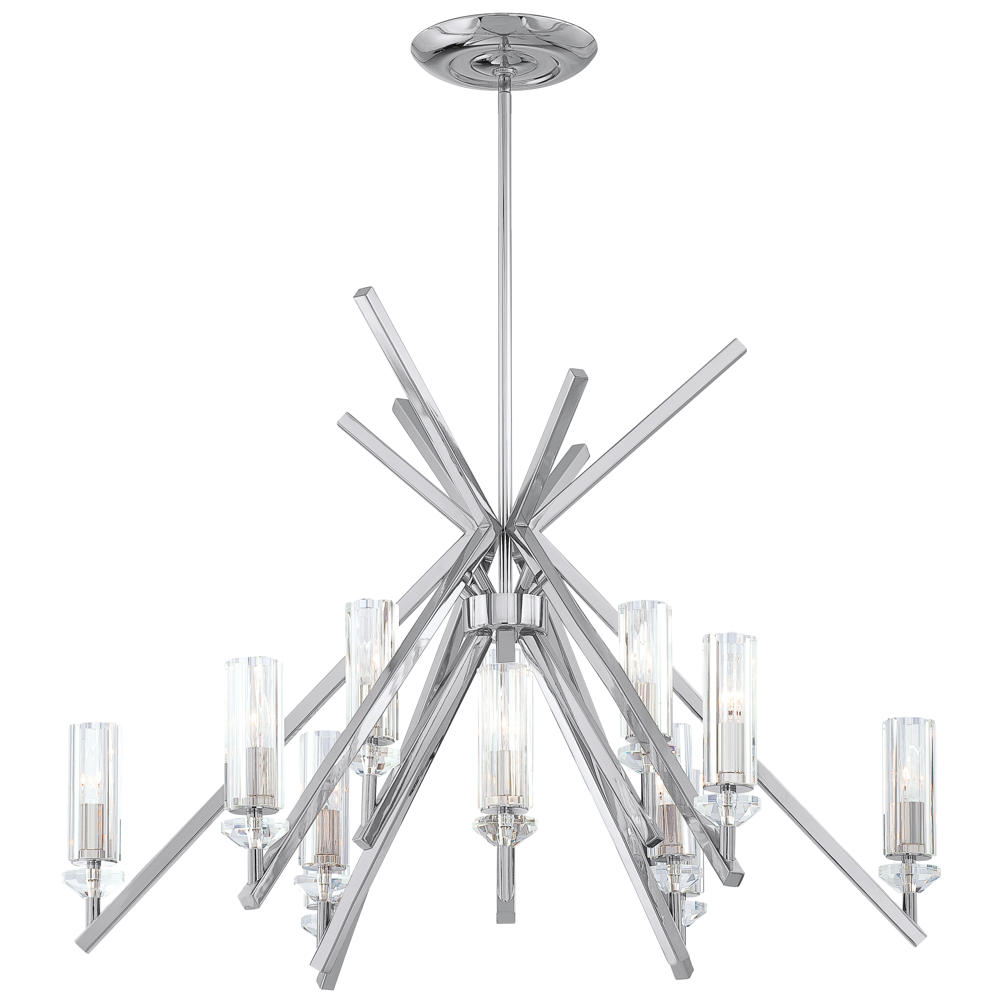 The Fusano chandelier combines transitional sophistication with contemporary flair, featuring 12 candelabra lights and distinctive Eidolon Krystal glass shades. Its polished nickel finish and substantial 39-inch width make it perfect for grand dining rooms and entryways.