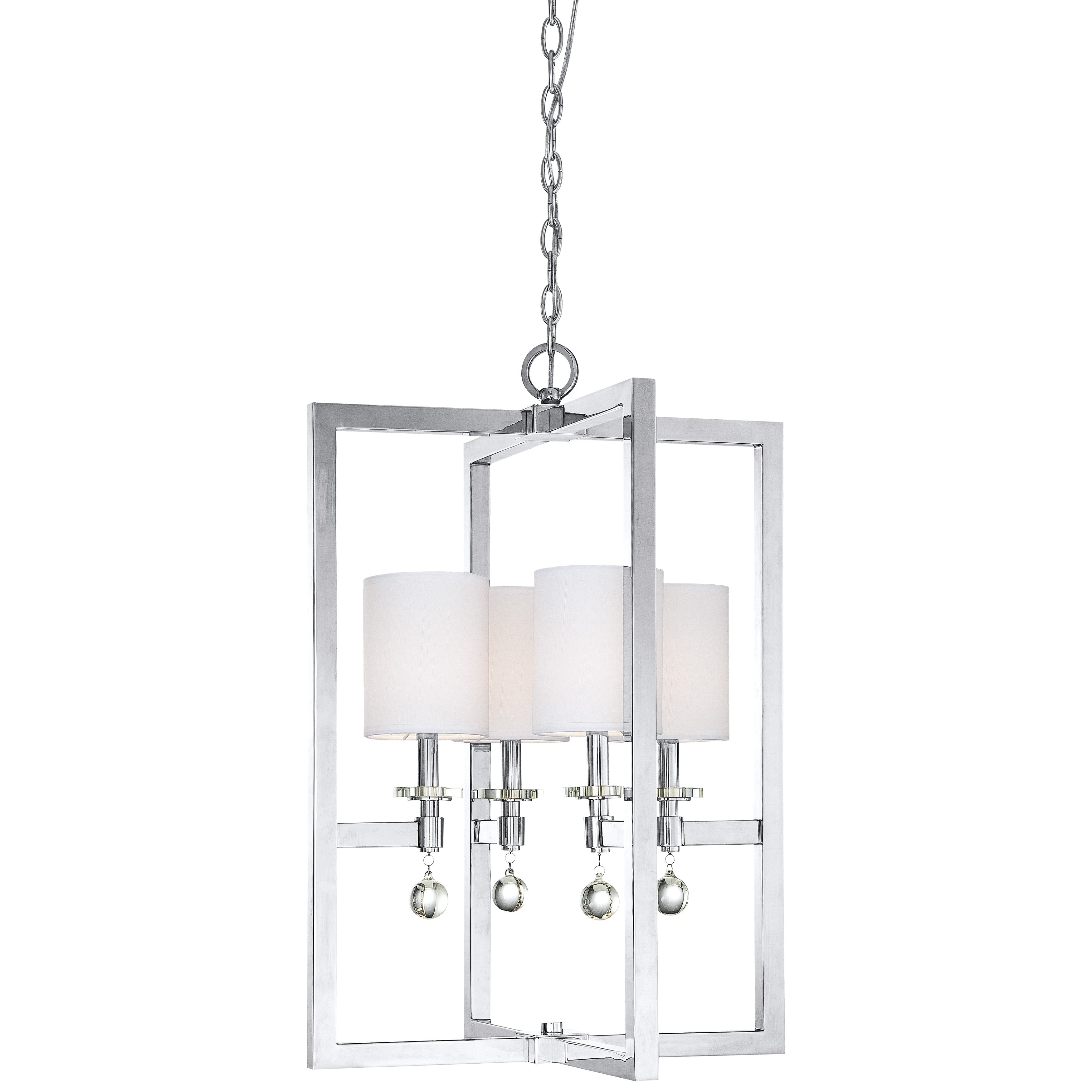 The Chadbourne pendant combines polished nickel hardware with sparkling Eidolon Krystal accents and soft white linen shades, creating a sophisticated fixture that bridges traditional elegance and contemporary style.