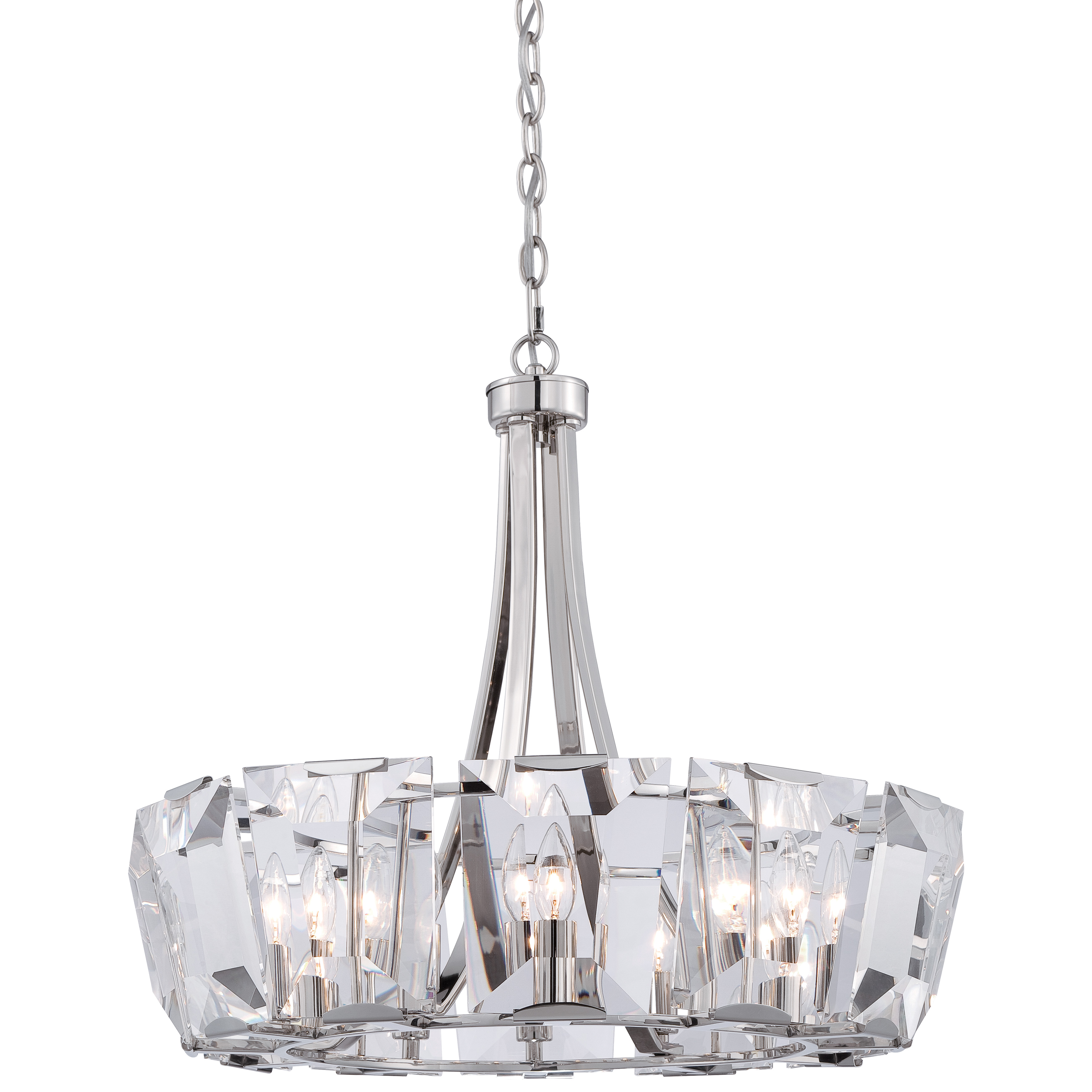 The Castle Aurora chandelier combines timeless crystal elegance with contemporary styling. Twelve candelabra lights refract through clear crystal panels, creating brilliant illumination. Polished nickel finish adds modern sophistication.