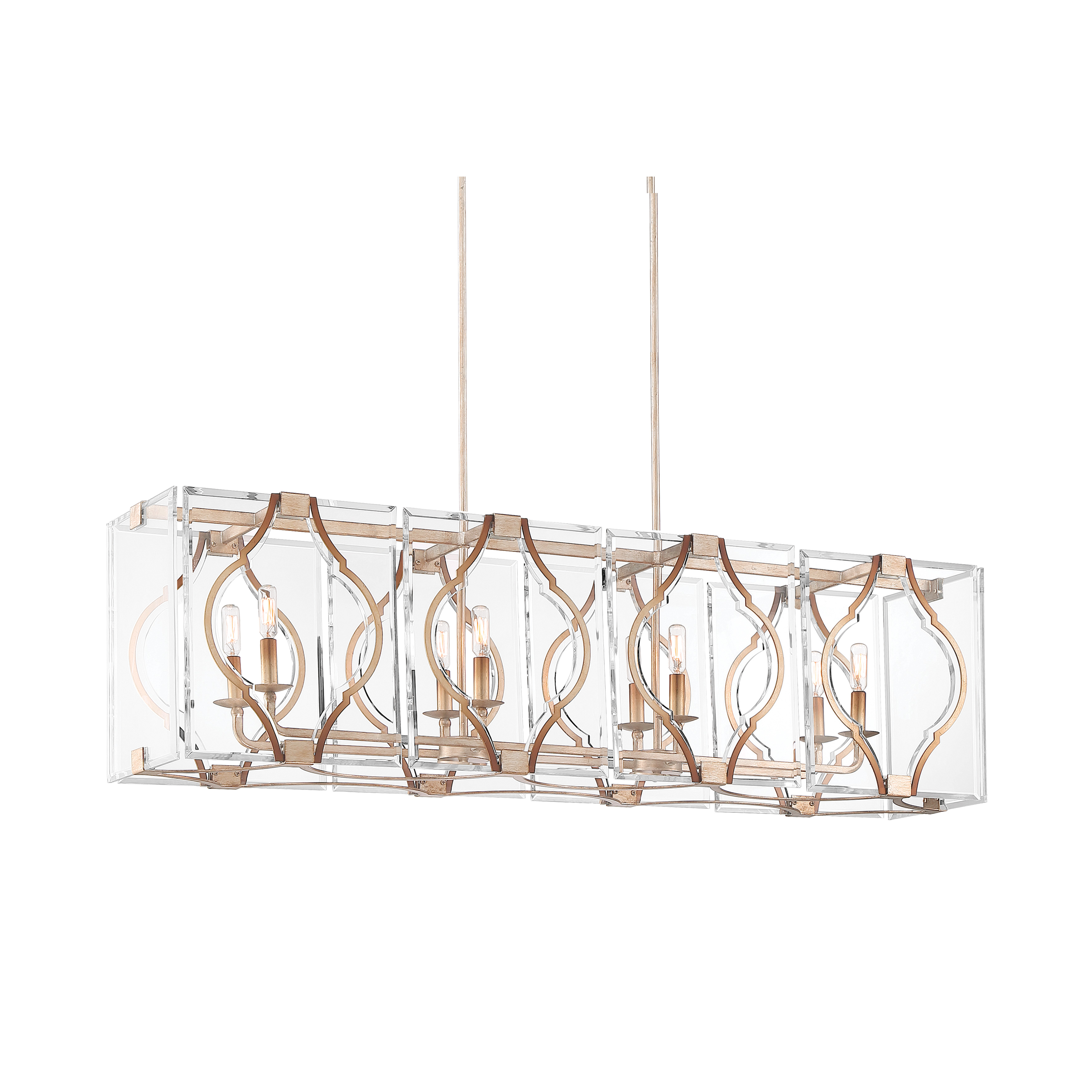 The Brenton Cove brings sophisticated glamour to kitchen islands and dining spaces with its elongated 50-inch profile and warm gold mist finish. Eight candelabra lights provide ample illumination while acrylic accents soften the glow.