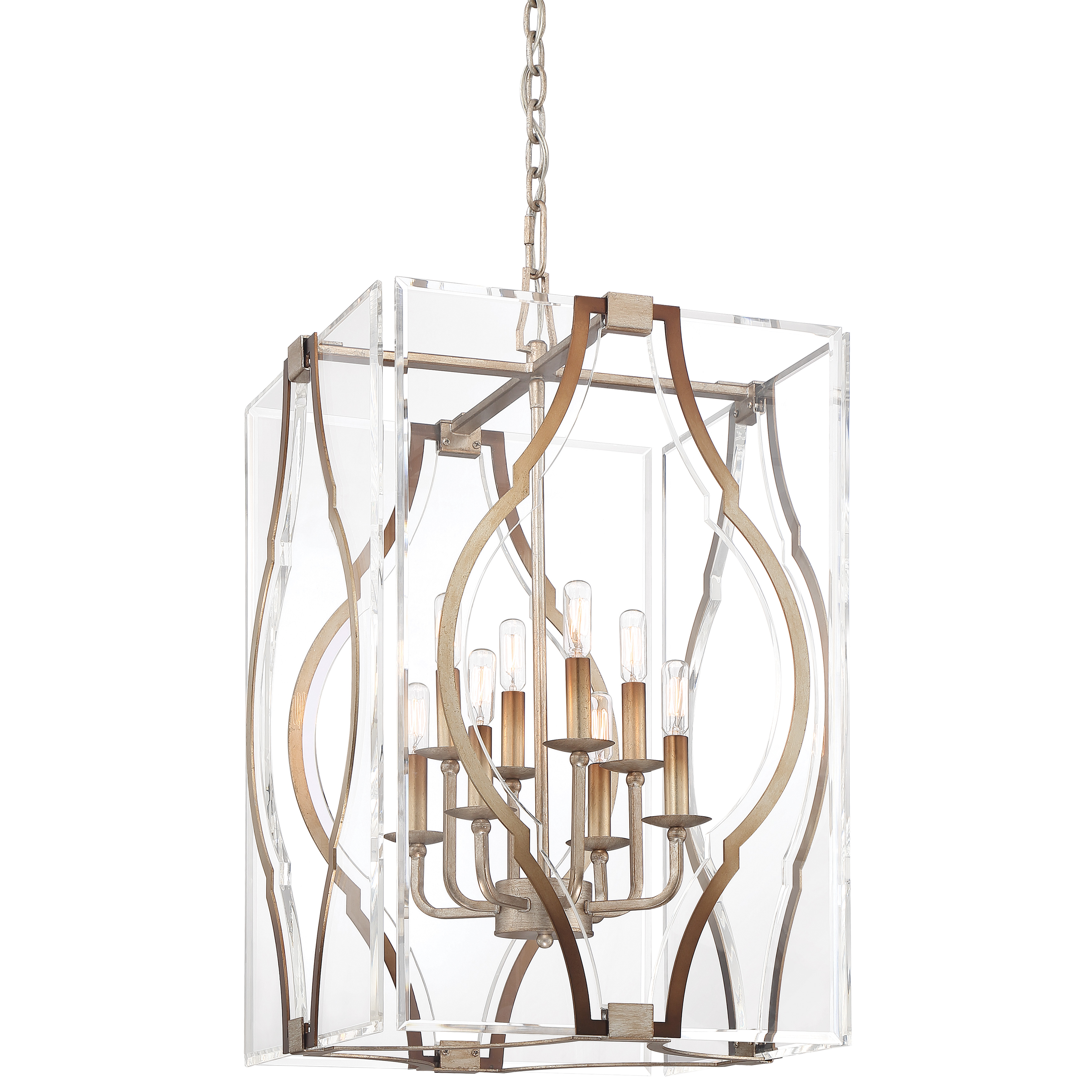 The Brenton Cove pendant combines contemporary design with artisanal gold leaf finishing. Eight candelabra lights provide ample illumination while acrylic elements soften the glow. Perfect for creating a sophisticated focal point.