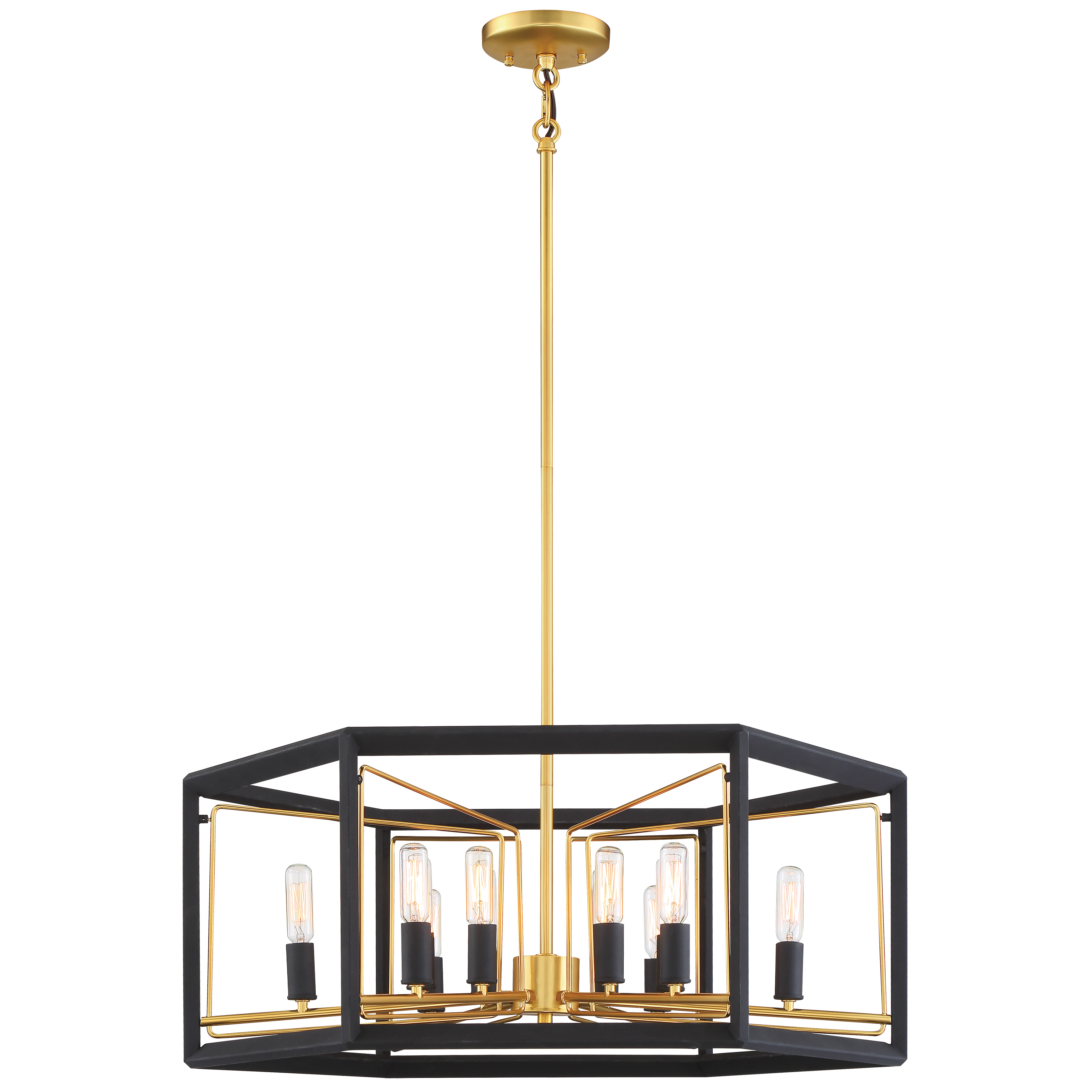 The Sable Point pendant makes a striking statement with 12 candelabra lights arranged in a contemporary geometric design. The Sand Black finish with Honey Gold accents creates sophisticated contrast perfect for modern interiors.